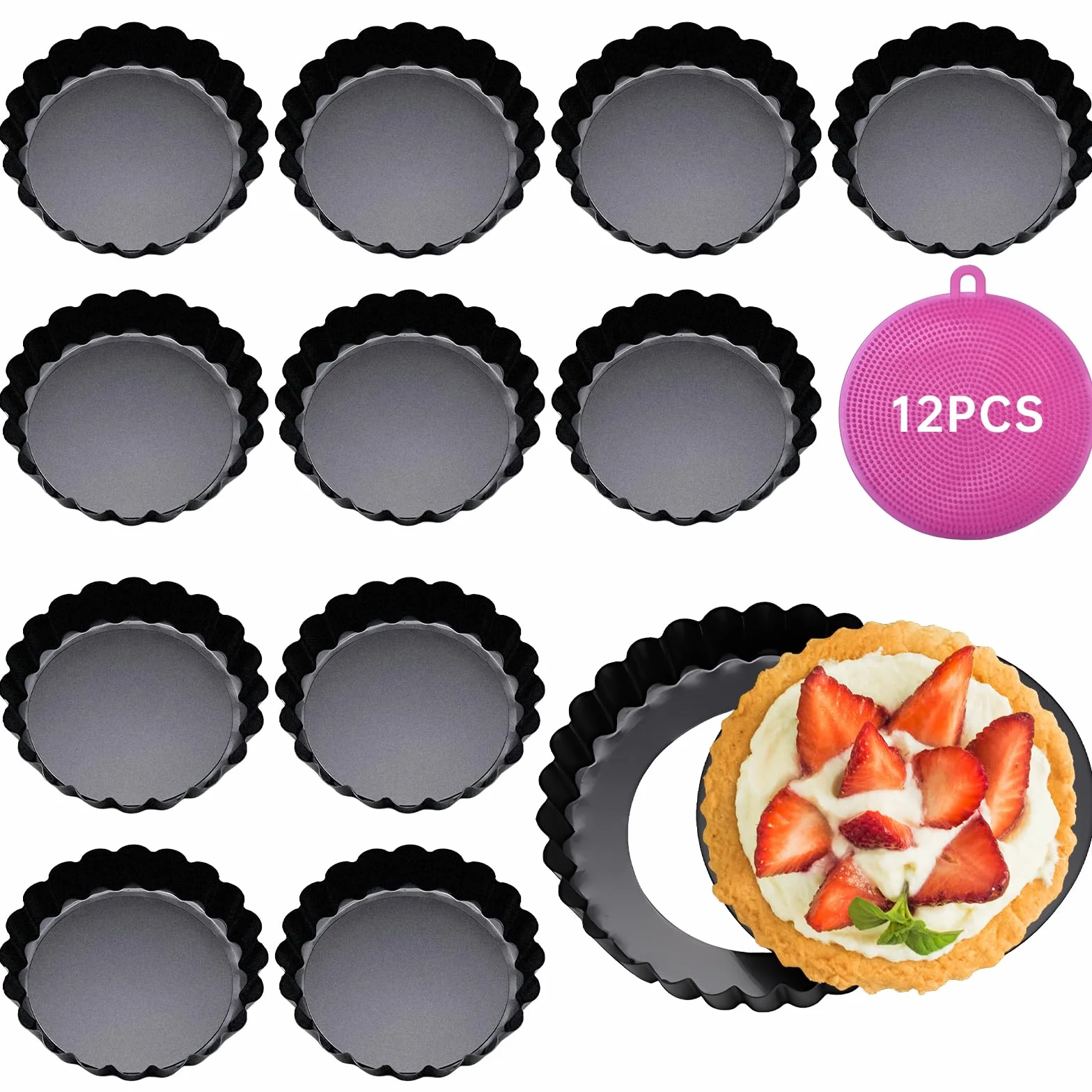Molde para tartas con base elevadora, 12 unidades de 8 cm/3 pulgadas, revestimiento antiadherente, molde para quiche, molde para tartelette de acero al carbono, reutilizable, para hornear
