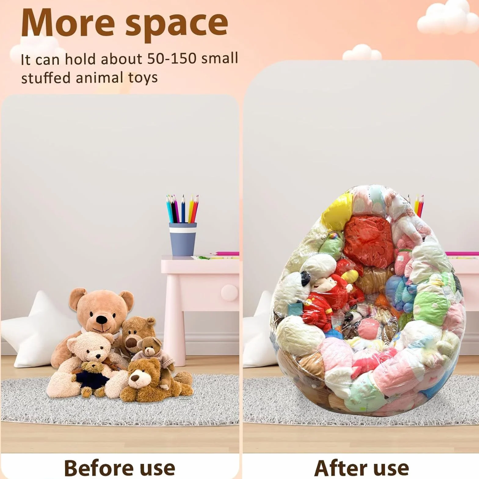 Sillon Transparente para Peluches | Puf De PVC para Niños | Funda De Puf Waterparoof con Cierre, Almacenamiento Y Organización De Juguetes De Peluche, Sin Relleno Incluido
