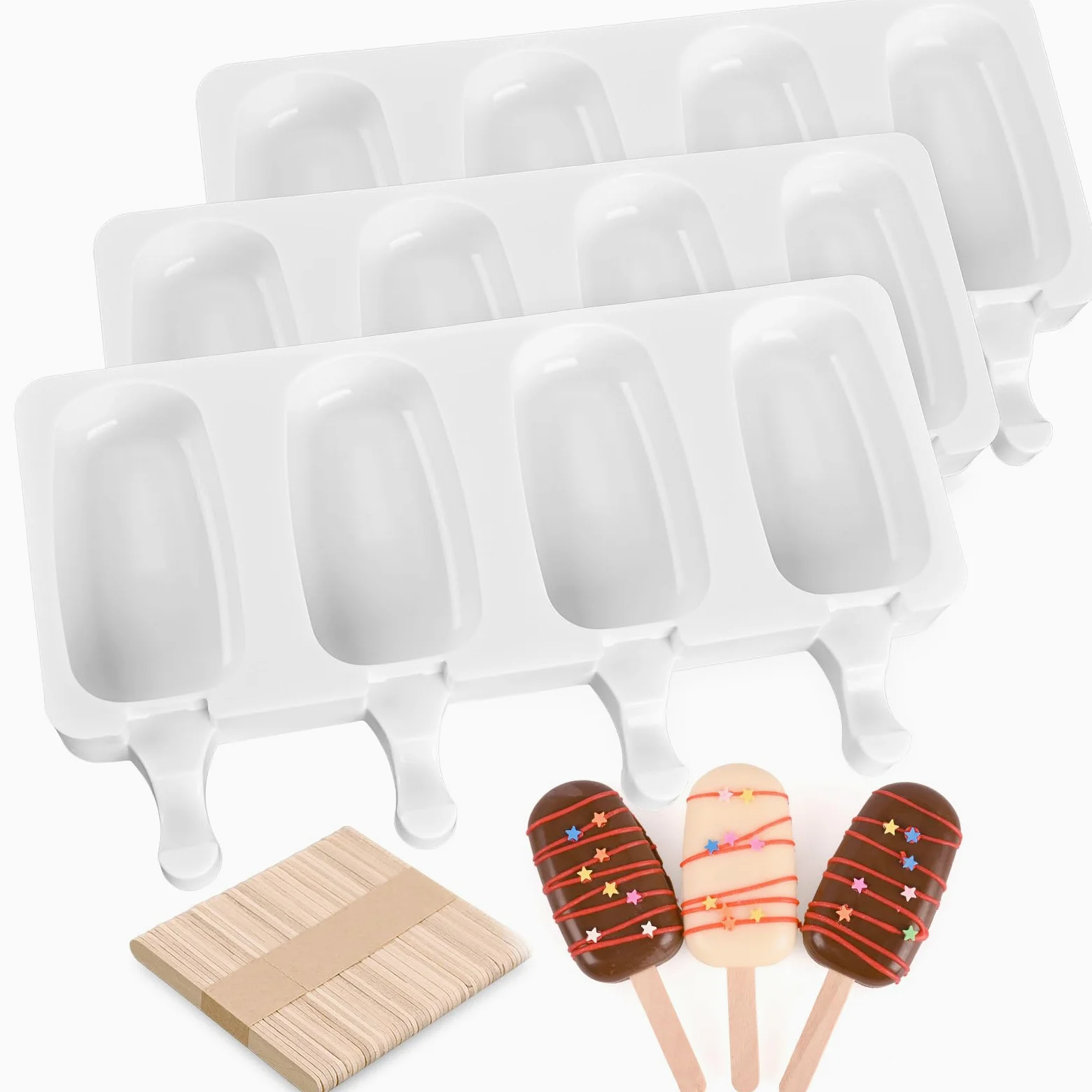 Sakolla Paquete de 3 moldes para paletas de 4 cavidades, moldes de silicona ovalados para hornear chocolate con 100 palos de madera | Silicona de grado alimenticio, fácil de usar, moldes ovalados para paletas de hielo, pasteles, pasteles, helados