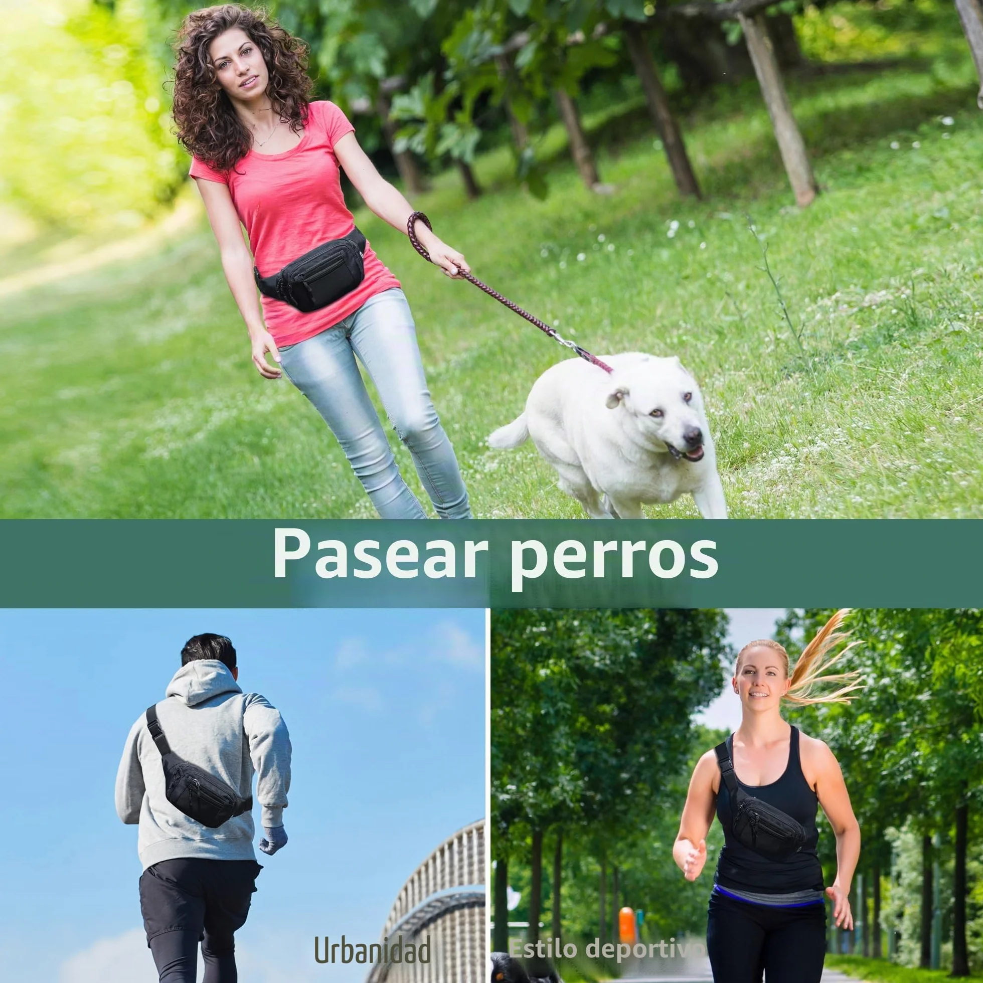 Riñonera Deportiva Unisex con Cinturón Ajustable 30 cm 6 Bolsillos Cremallera Negro