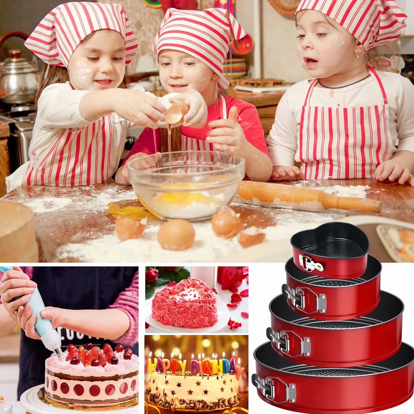 Molde Desmontable de Repostería 4 Piezas, Capa Revestimiento Desmontable Antiadherente, Redondos Moldes para Pasteles 12/18/22/26 cm con Boquillas para Manga Pastelera Set, Raspadores Tartas