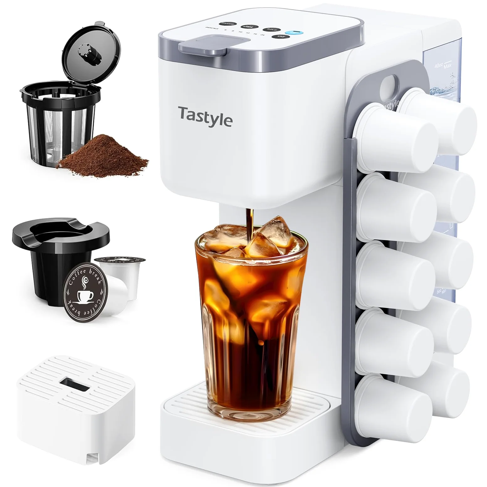 Tastyle - Cafetera caliente y helada con organizador de cápsulas K (no incluido), almacena 10 cápsulas, 4 a 5 tazas de cafetera y cafetera de una sola porción, compatible con K Cup y molido