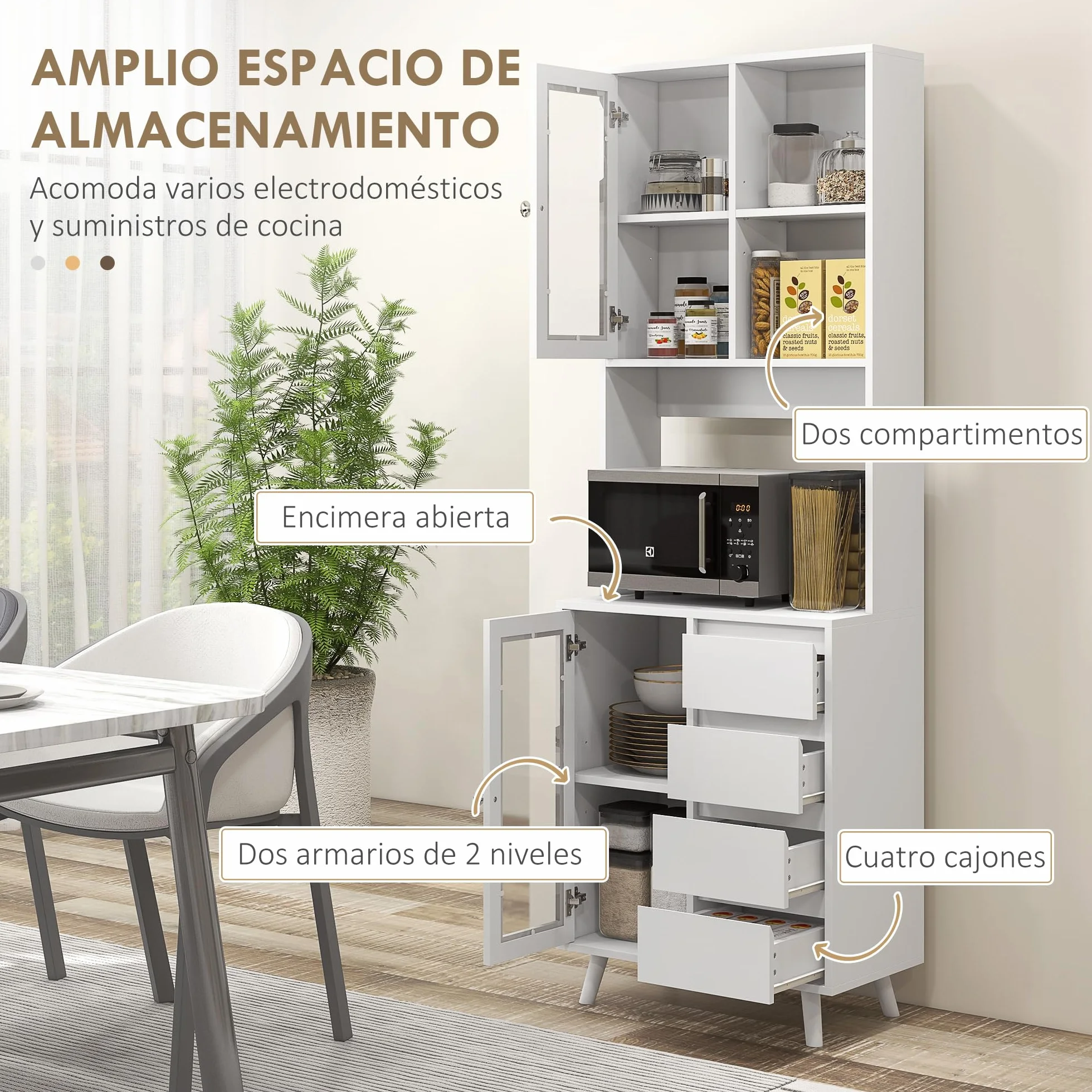 HOMCOM Alacena de Cocina Armario de Cocina Buffet Aparador con 2 Puertas de Vidrio Compartimentos Abiertos 4 Cajones y Estantes Ajustables 60x35x180 cm Blanco