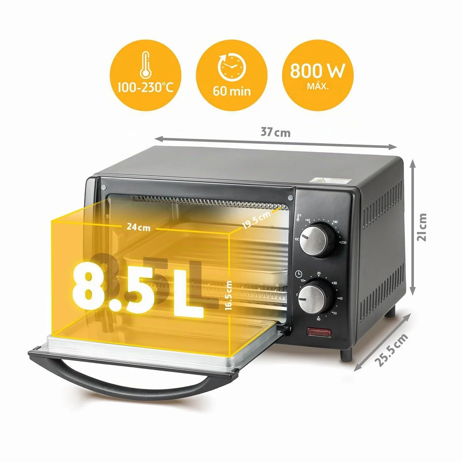TZS First Austria - Mini Horno 10L 800W - Minihorno con regulación de temperatura hasta 230°C - Con temporizador de 60 min, 2 alturas de inserción, bandeja y parrilla - Para cocinas pequeñas y camping