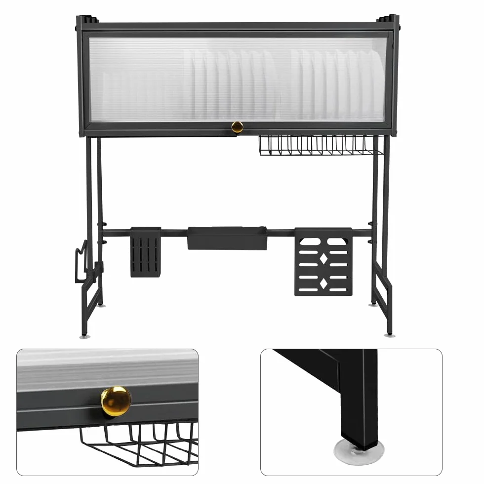 Escurridor sobre fregadero de 3 niveles con 6 ganchos para secadora de platos y escurridores de platos en fregadero organizador de cocina para escurrir platos, frutas y verduras (65 x 28 x 77
