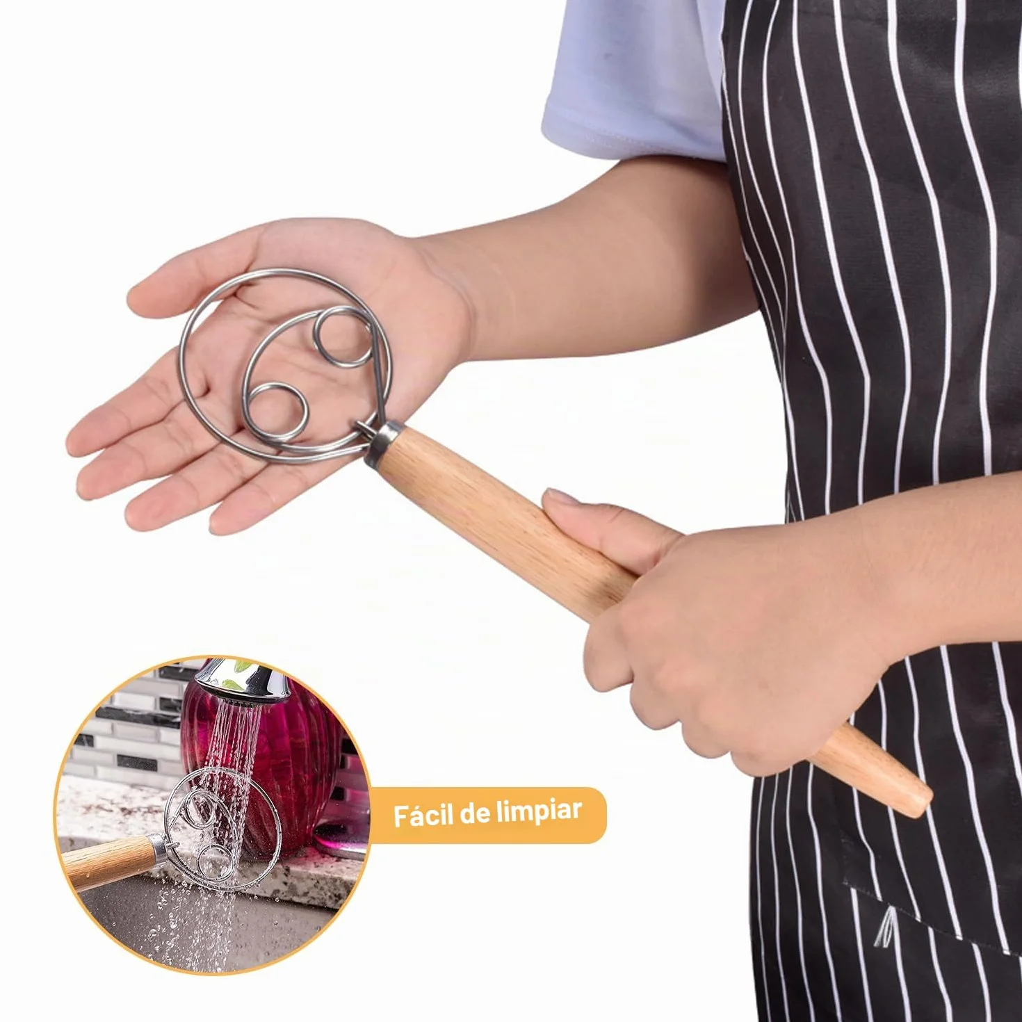 Batidor de masa danés y holandés, alambre de acero inoxidable 304, para batir huevos y masa danesa con mango de madera, para hacer pasteles de pan