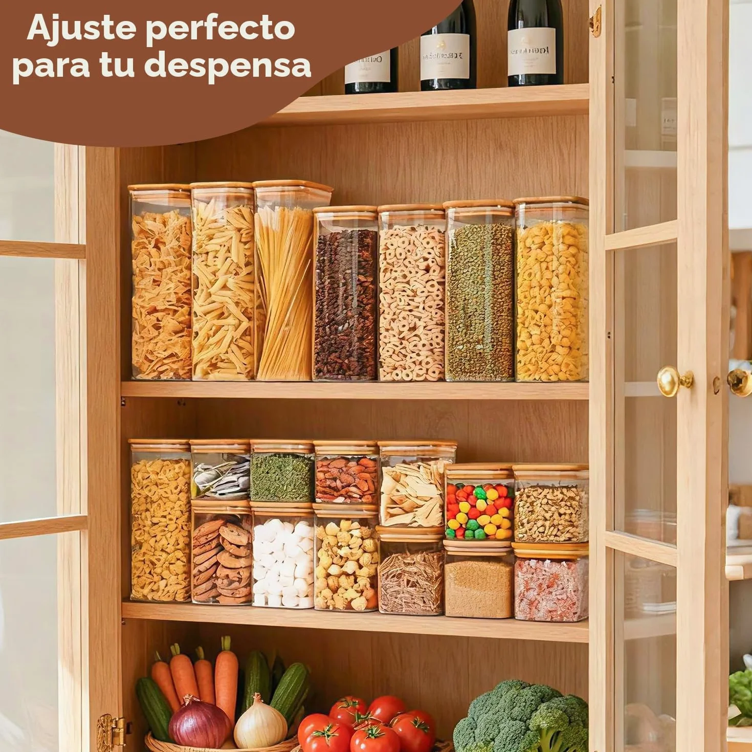 ComSaf Tarros de cristal con tapa 800–2100 ml, pack de 5 para cocina | Frascos de vidrio, Botes cocina almacenaje, Tapas de bambú, Cereales de desayuno, Premios para mascotas, Arena decorativa