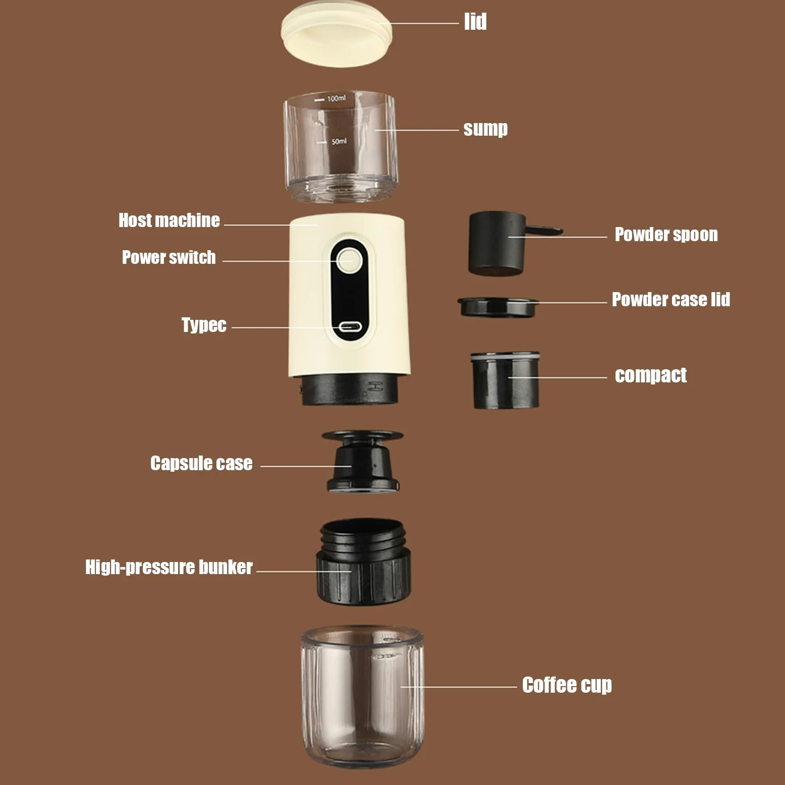 Kouamor Cafetera espresso portátil inalámbrica, cafetera de camping, autocalentamiento con USB-C, pequeña cafetera portátil compatible con café molido y cápsula NS (blanco)