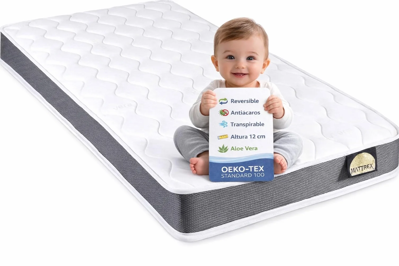 MATTREX | Colchón Cuna 60x120x12 cm EcoFoam HR Adapt Foam Reversible Verano e Invierno – Colchón Cuna 120x60 cm Transpirable 3D, Aloe Vera, antiácaros, Oeko-Tex, Hecho en España