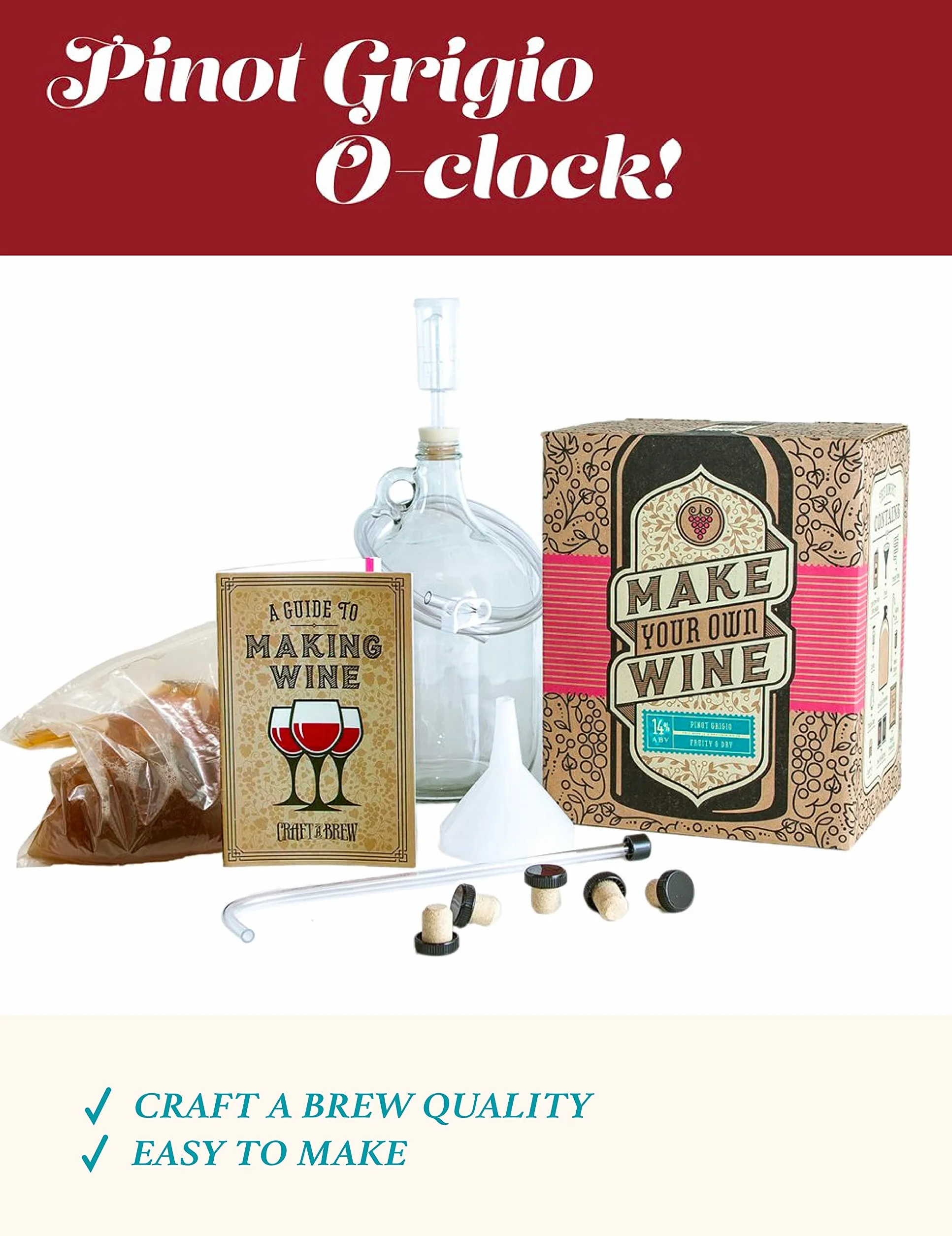 Craft A Brew Elaboración de un kit casero para principiantes con preparación fácil con ingredientes y suministros La mejor experiencia en elaboración de vino, 1 galón, Pinot Grigio