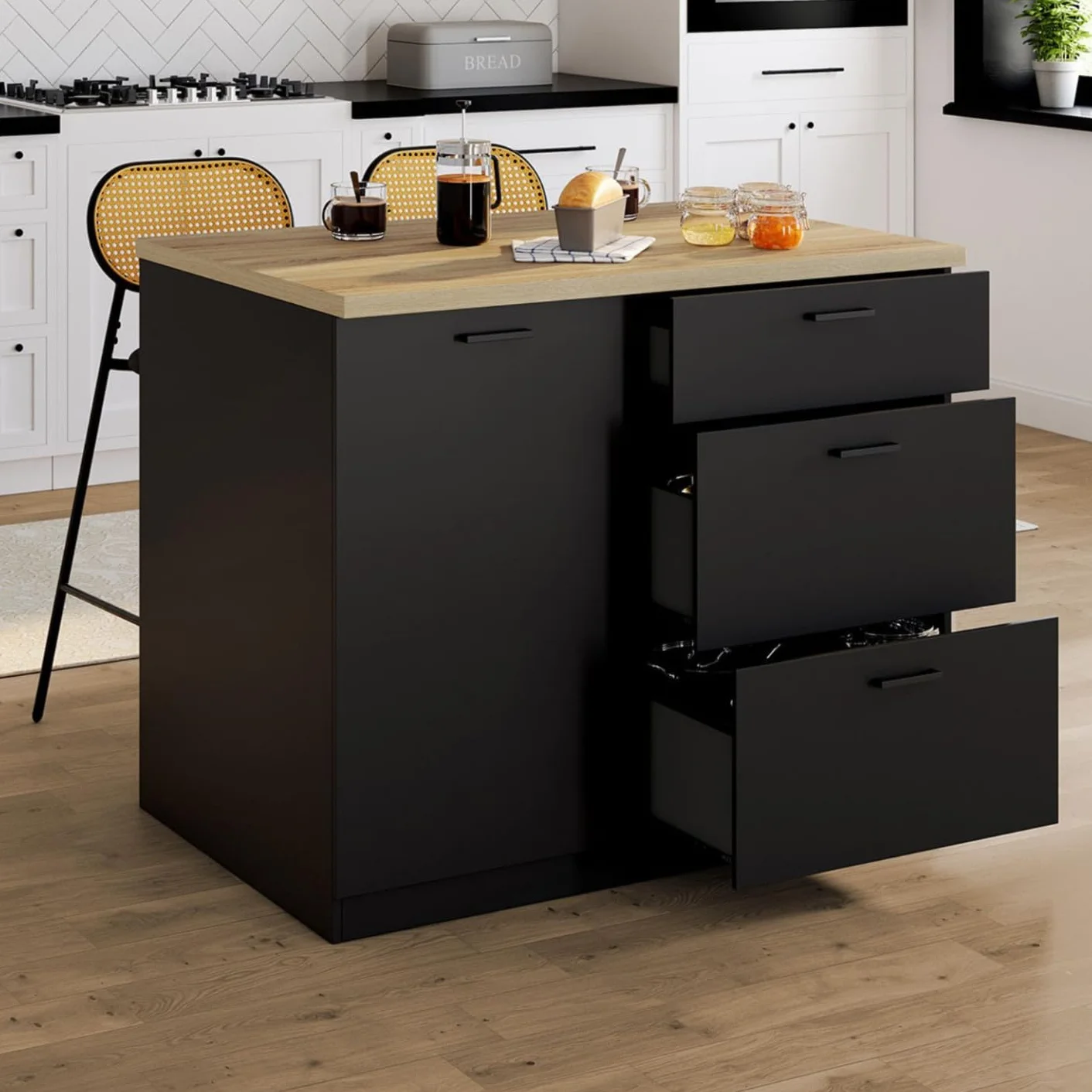 IDMarket - Isla central TIBO 110 cm de extensión frontal con 3 cajones de madera negra con encimera en imitación de madera de haya