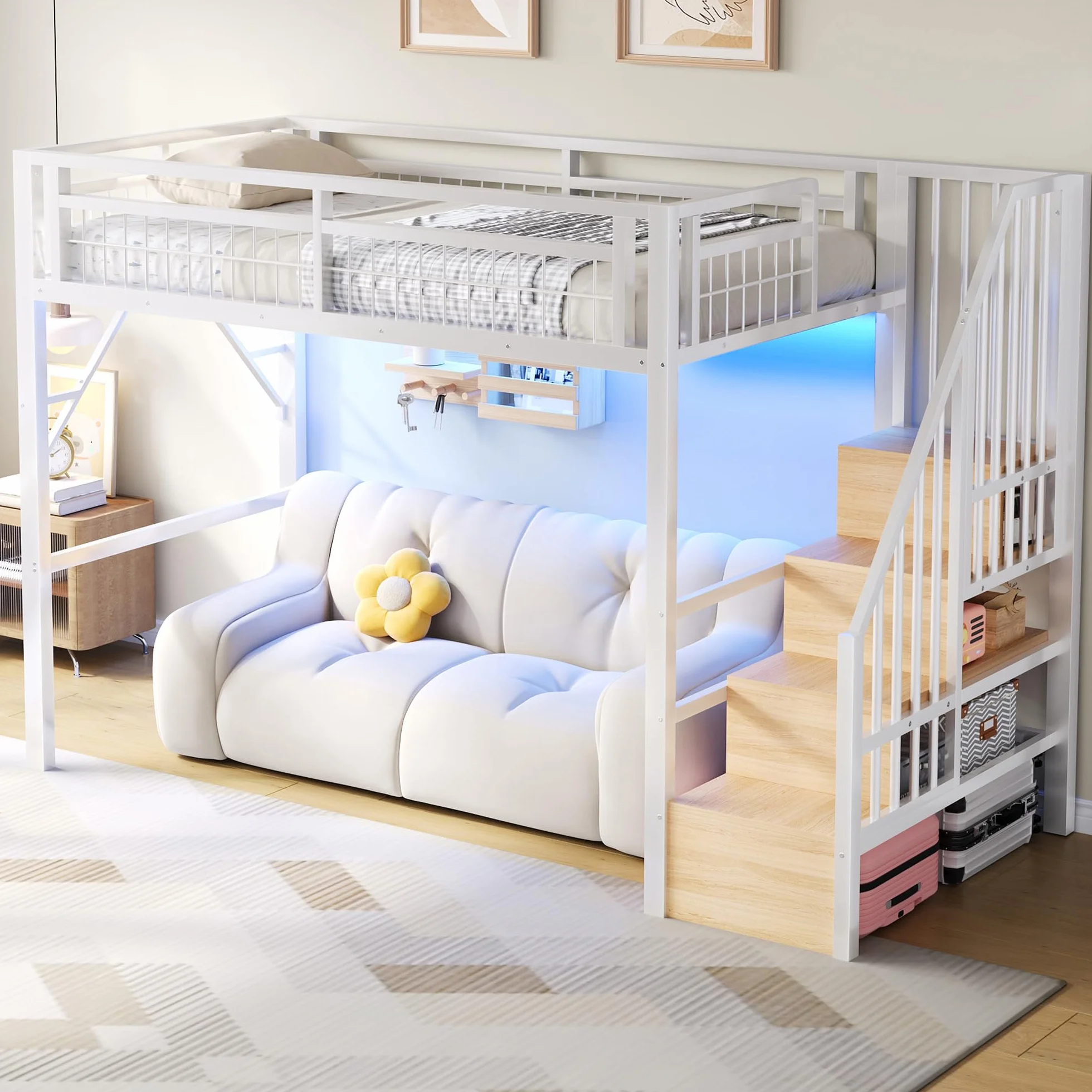 Lubvtti Cama alta de metal 90 x 200 cm con luz LED, cama individual tipo loft, espacio utilizable debajo de la cama, escalera de seguridad con espacio de almacenamiento, blanco (colchón no incluido)
