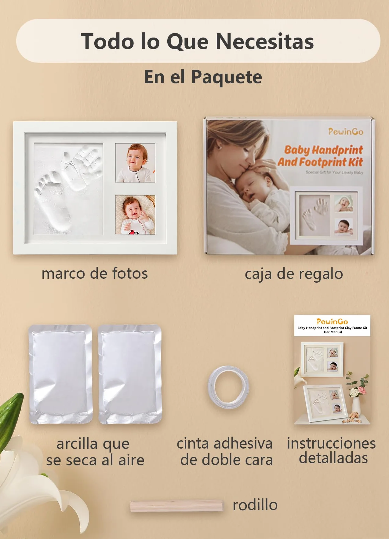 Kit de Huellas de Mano y Pie para Bebé, Arcilla Segura, Marco Personalizado, Regalo Baby Shower - Blanco