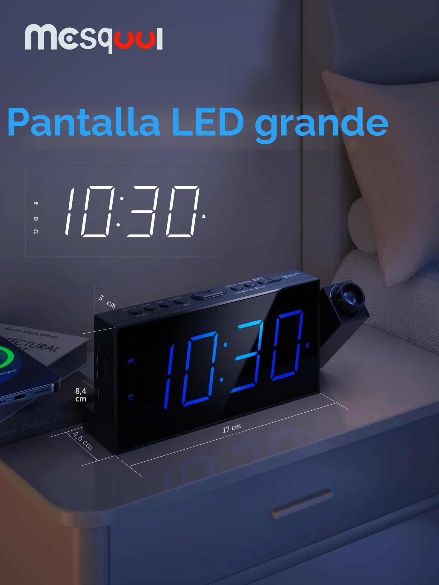 Reloj Despertador de Proyección Digital para Techo de Dormitorios, Reloj con Proyector, Atenuador y Pantalla LED, Timbre Ajustable, Alarmas Duales para Pared, Niños, Personas Mayores con Sueño Pesado