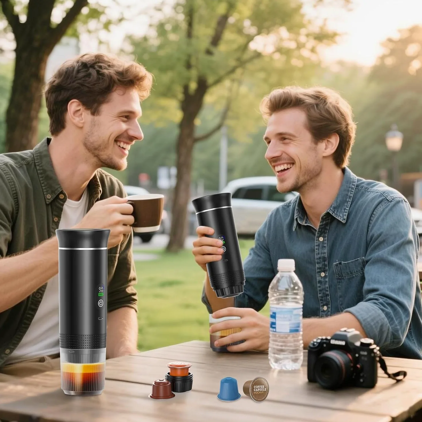 Genérico Cafetera Portátil Cápsulas 3 en 1 – Compatible con Cápsulas Pequeñas y Grandes + Café Molido – Autocalentamiento Rápido – Ideal Viajes, Oficina y Camper. (Negro)