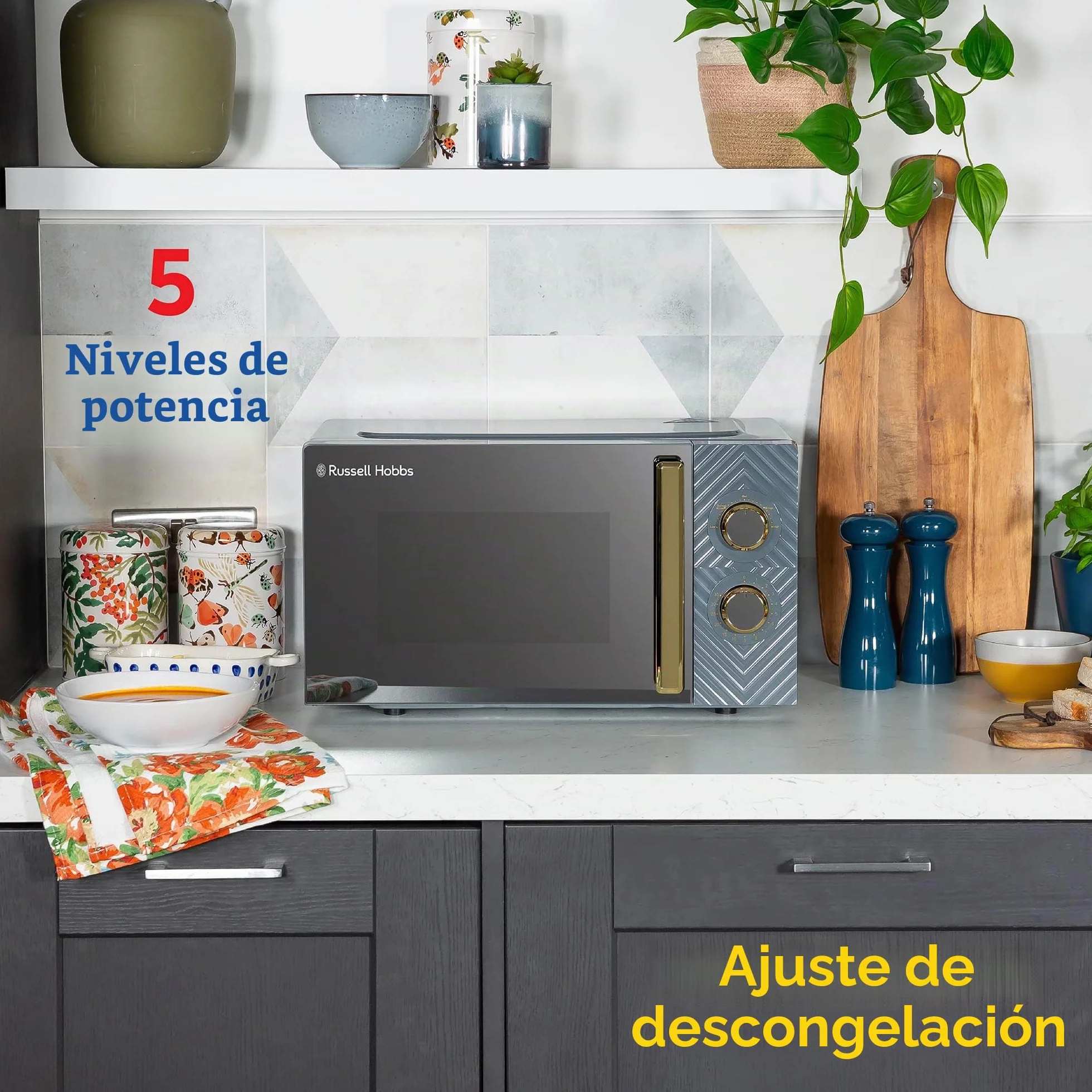 Russell Hobbs - Microondas manual de 17 litros y 700 W, color gris, con diseño de ranura, 5 niveles de potencia, temporizador integrado y función de descongelación, fácil de limpiar RHMM723G