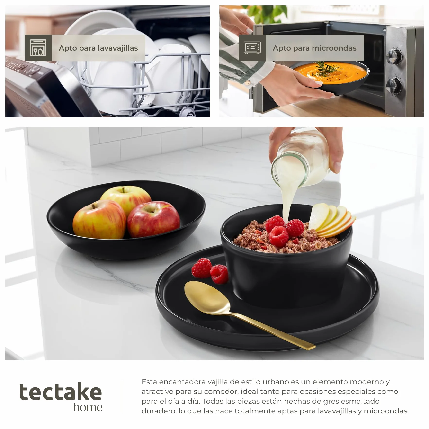 tectake® Servicio Combinado para 6 Personas, Juego Vajilla Estilo Urbano, Gres Esmalte, Lavavajillas y Microondas, Vajillas Completas Modernas, Cuencos Ceramica y Tazas - 30 Piezas Negro