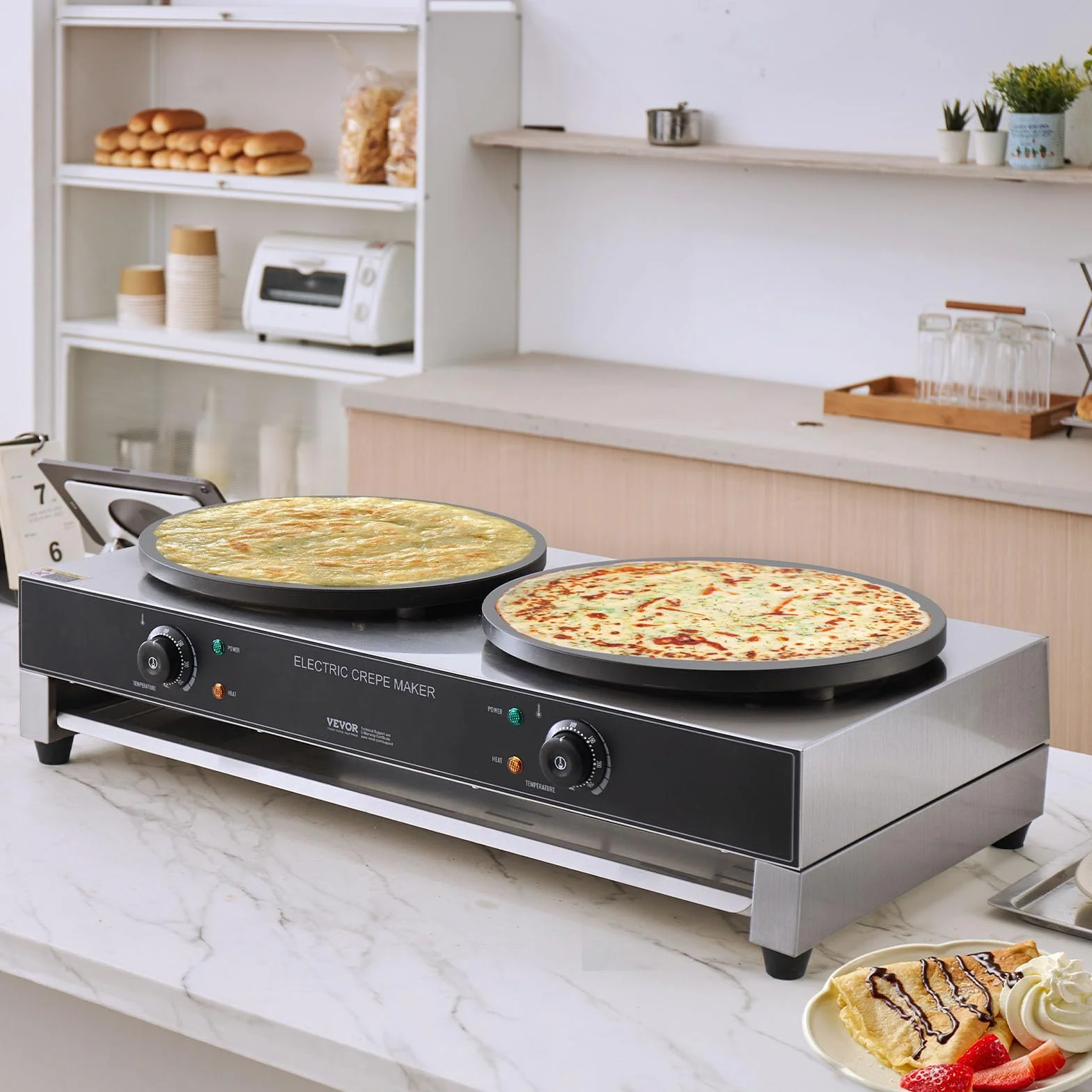 VEVOR Máquina de Crepes Comercial de Doble Cabezal de Placa Plana 6000 W, Antiadherente, Acero Inoxidable, Estufa Circular de Escritorio Panqueques y Cereales, Control Temperatura, (Sin Enchufe)