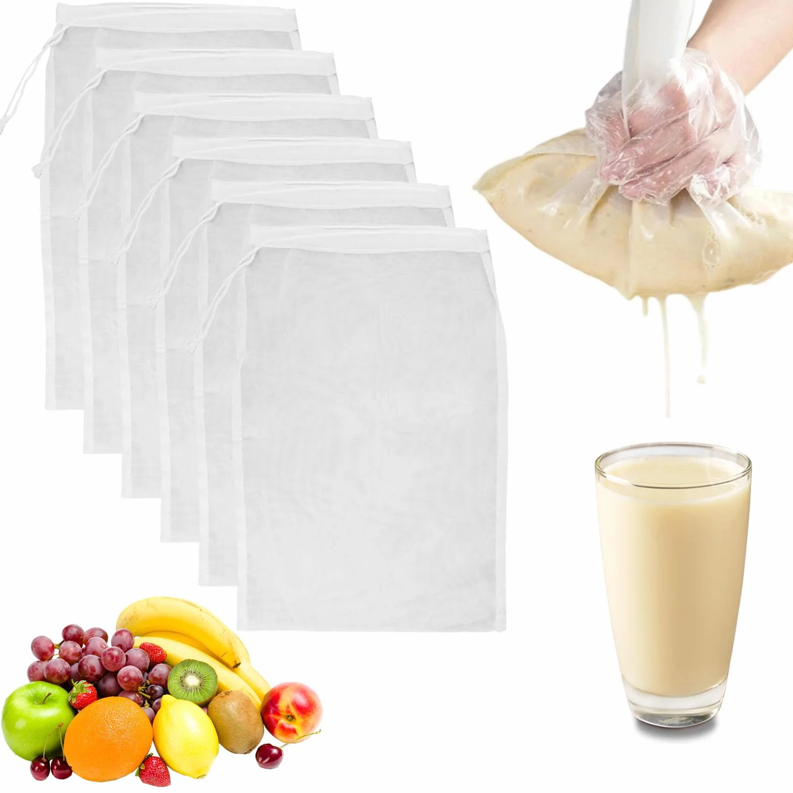 15 Piezas Bolsas de Leche de Nueces, 30x20 cm Bolsas Reutilizables Malla Fina Nailon con Cordón, Malla para Leche Vegetal, Bolsa Filtro Verdura, para Queso, Zumo de Frutas, Café, Zumo de Verduras, Té