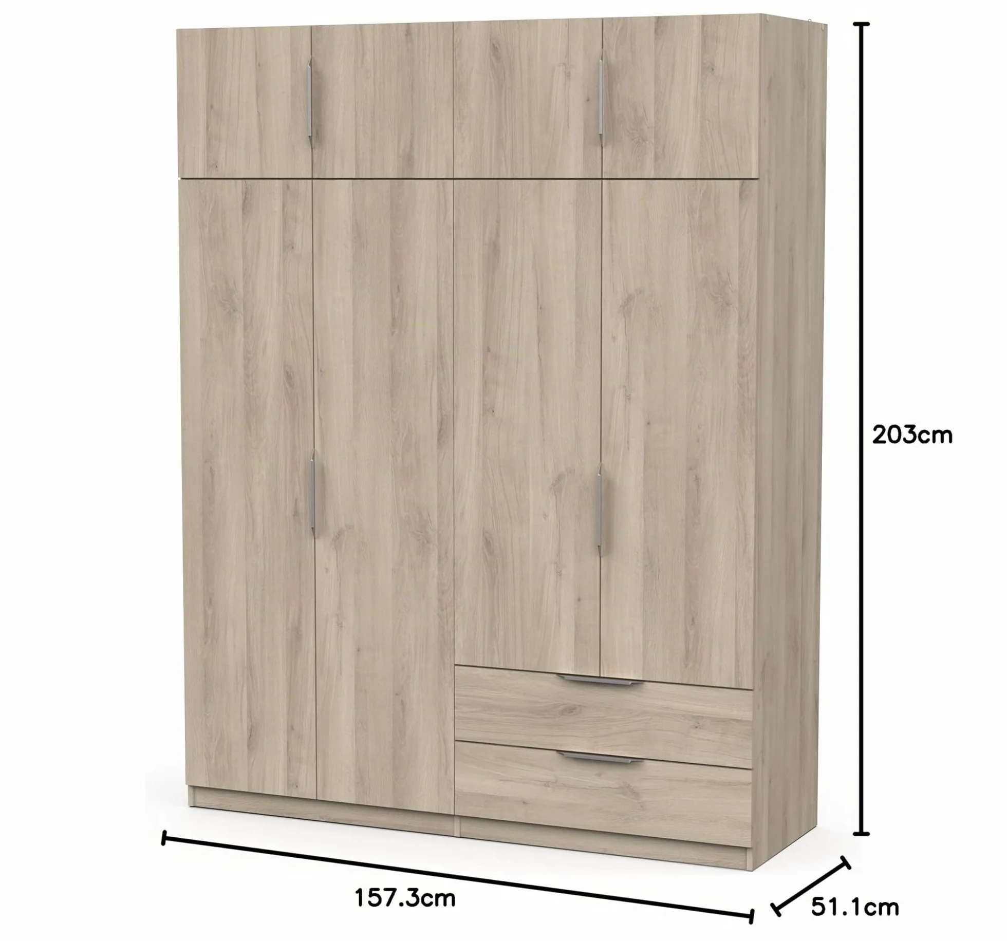 Armario vestidor Demeyere con ropero Moderno, 8 Puertas, 5 estantes y 2 cajones, Color Roble Kronberg, 157,3 x 51,1 x 203 cm, Gris.