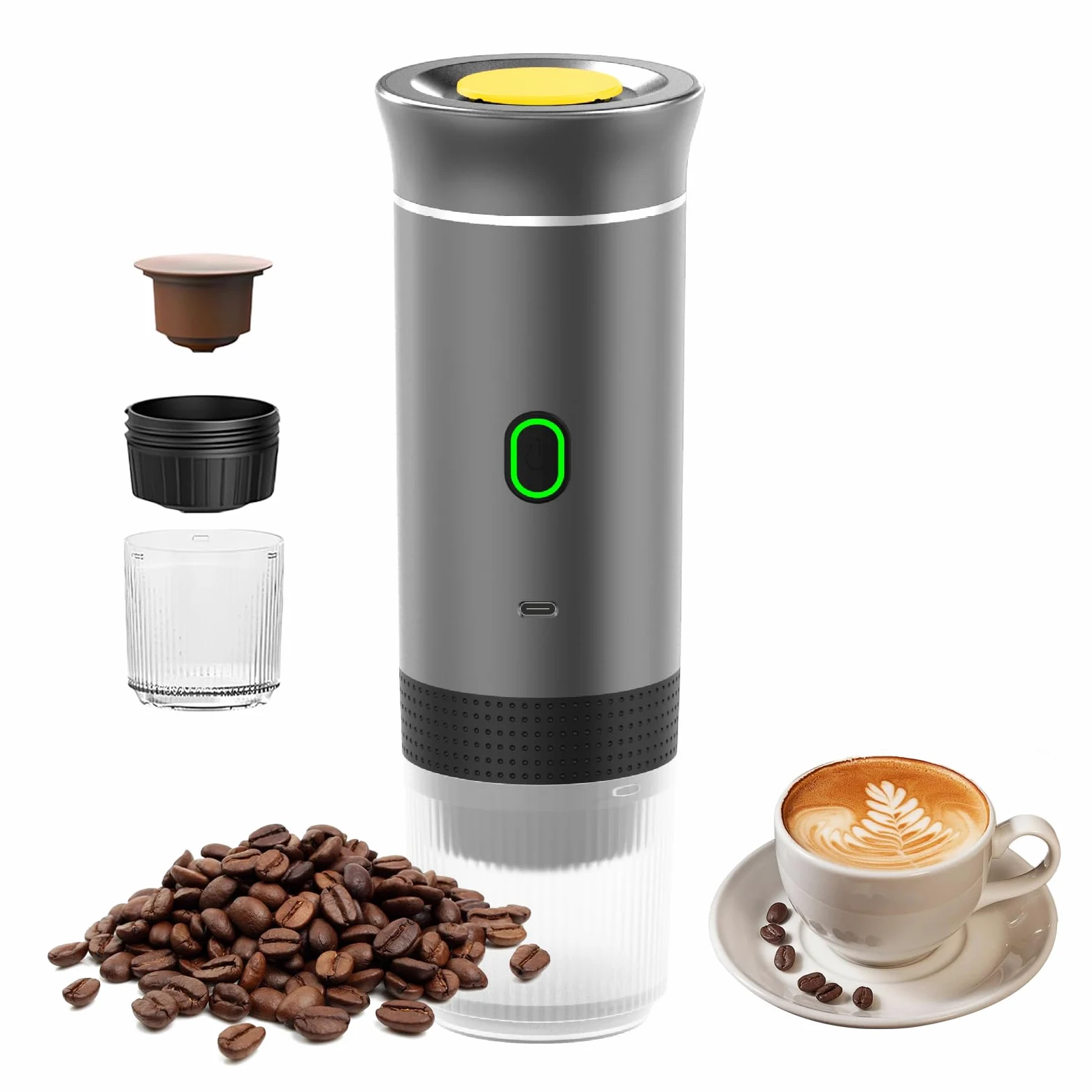 Máquina de café espresso portátil, 3 en 1, eléctrica, autocalentadora, de camping, mini cafetera de coche, recargable, 12 V con USB-C compatible con café molido y cápsula NS