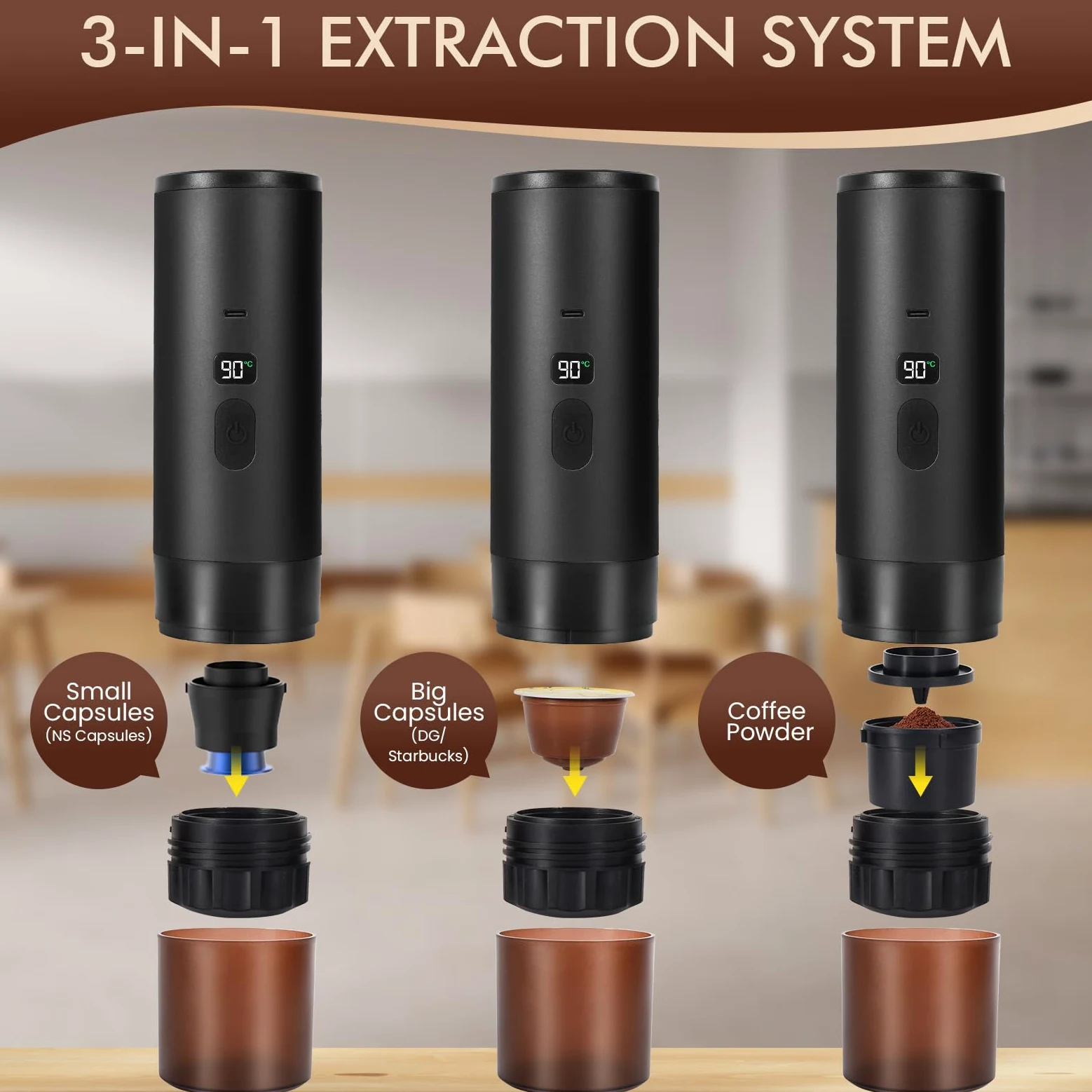 LAMA Cafetera de viaje espresso, autocalentable, portátil 3 en 1, nano cafetera de coche para cápsulas grandes, cápsulas pequeñas, café molido, 7800 mAh, cafetera espresso para senderismo, camping