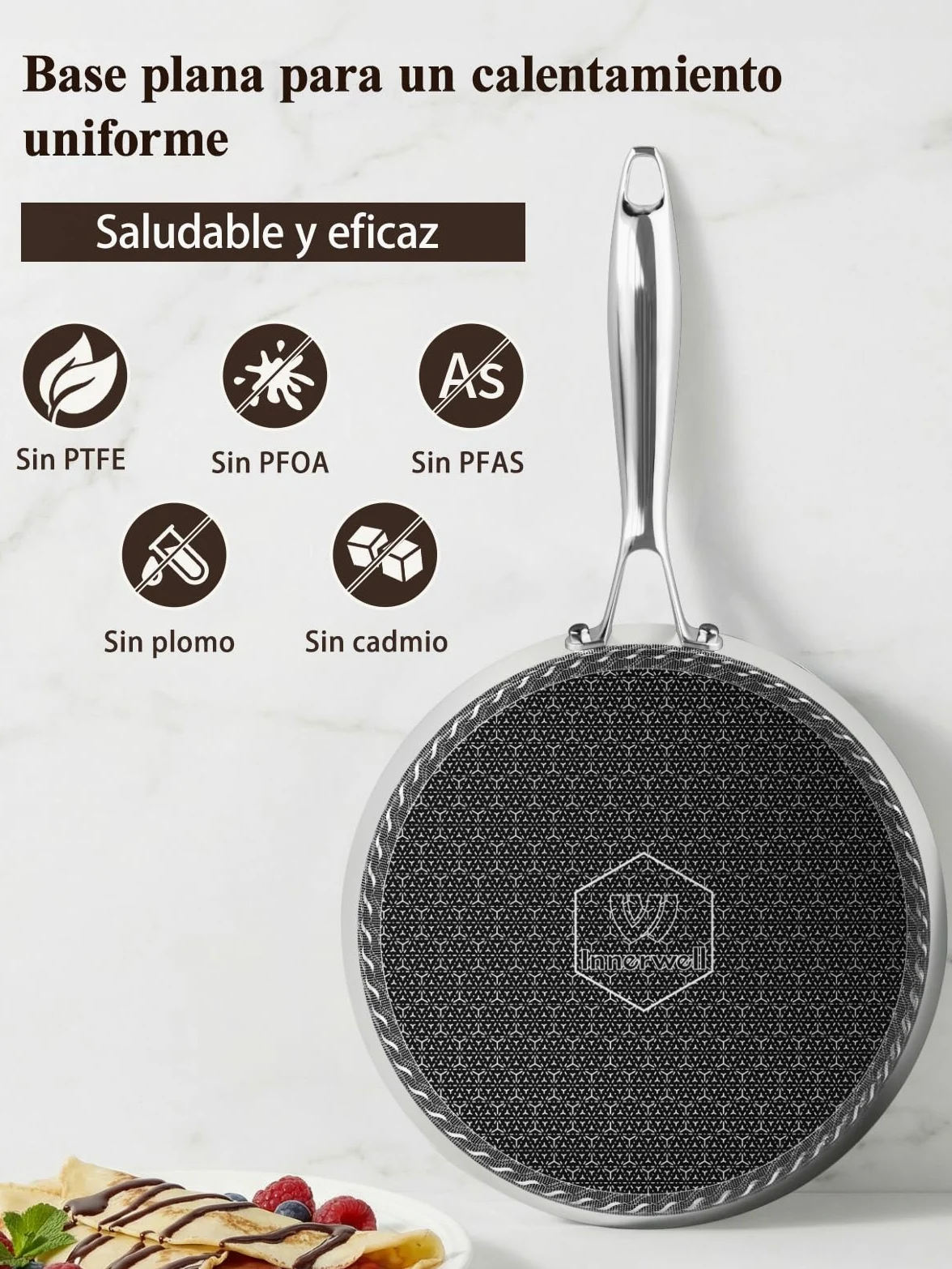 Innerwell Sartén para Crepes de 26 cm de Acero Inoxidable, Antiadherente | Mango de Acero Inoxidable, Apta para Todo Tipo de Cocinas, Incluida la Inducción, Apta para Lavavajillas y Horno, sin PFOA