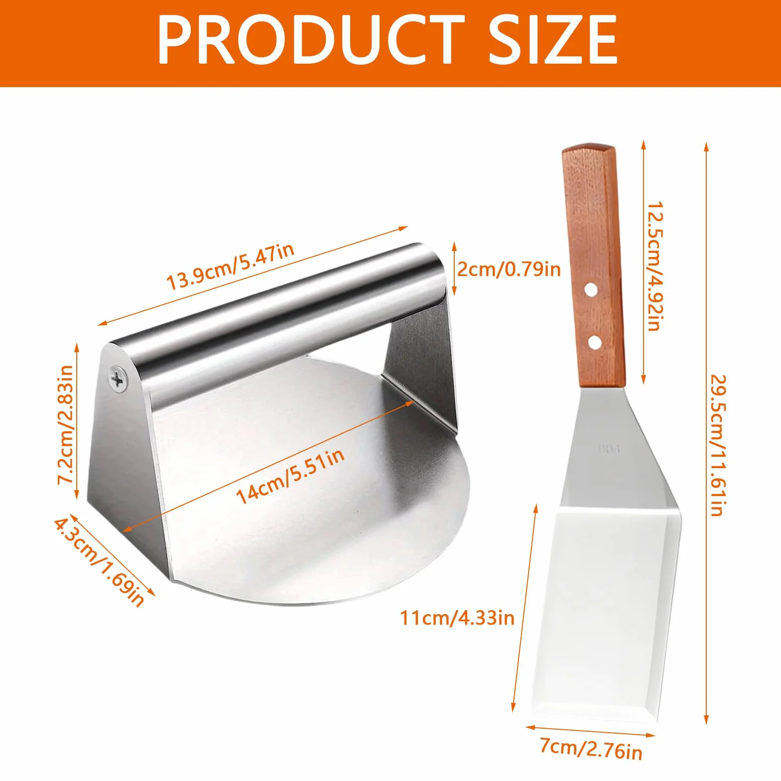 Aplastador de Hamburguesas Juego, 14 × 14 × 7,5 cm Aplasta Hamburguesas, Redondo Acero Inoxidable Prensa de Hamburguesa con Espátula de 29,5 × 7,1 cm para Asar en Plano y Reducir Grasa