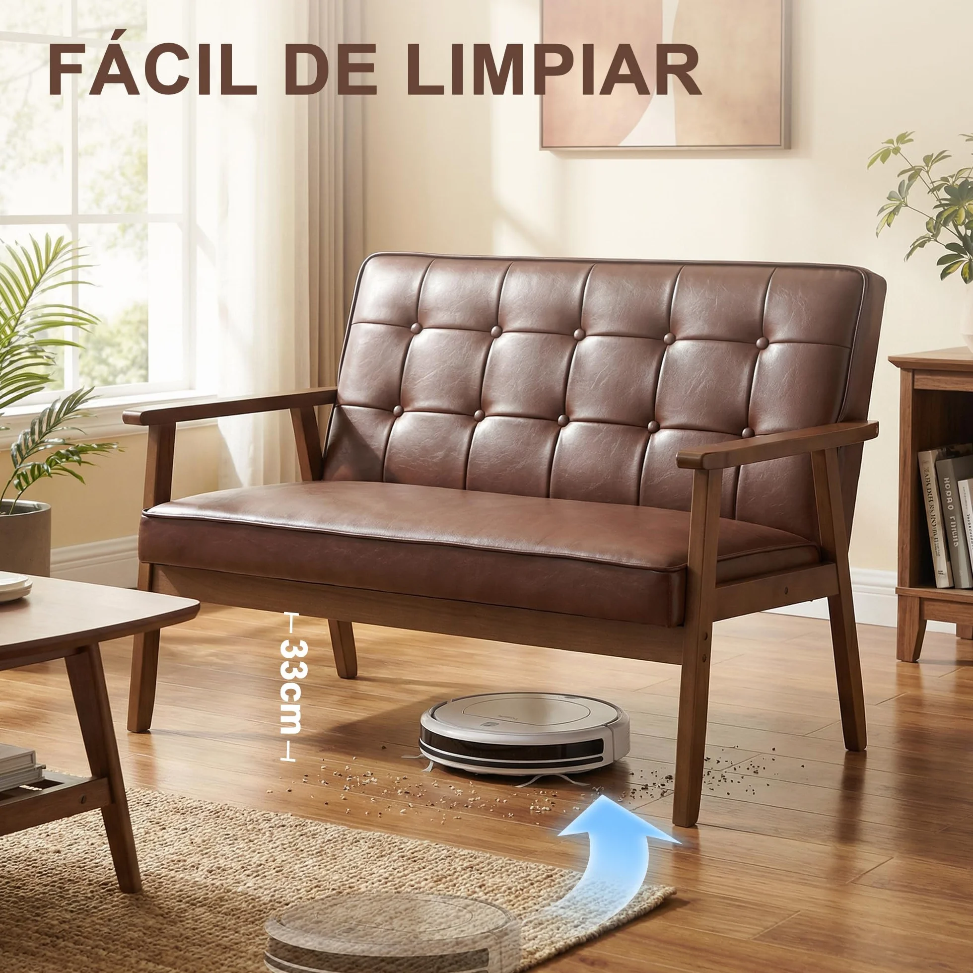 HOMCOM Sillón de 2 Plazas Sofá de 2 Plazas Tapizado en PU con Reposabrazos de Madera Respaldo Acolchado Carga 250 kg Sillón para Salón Dormitorio Marrón