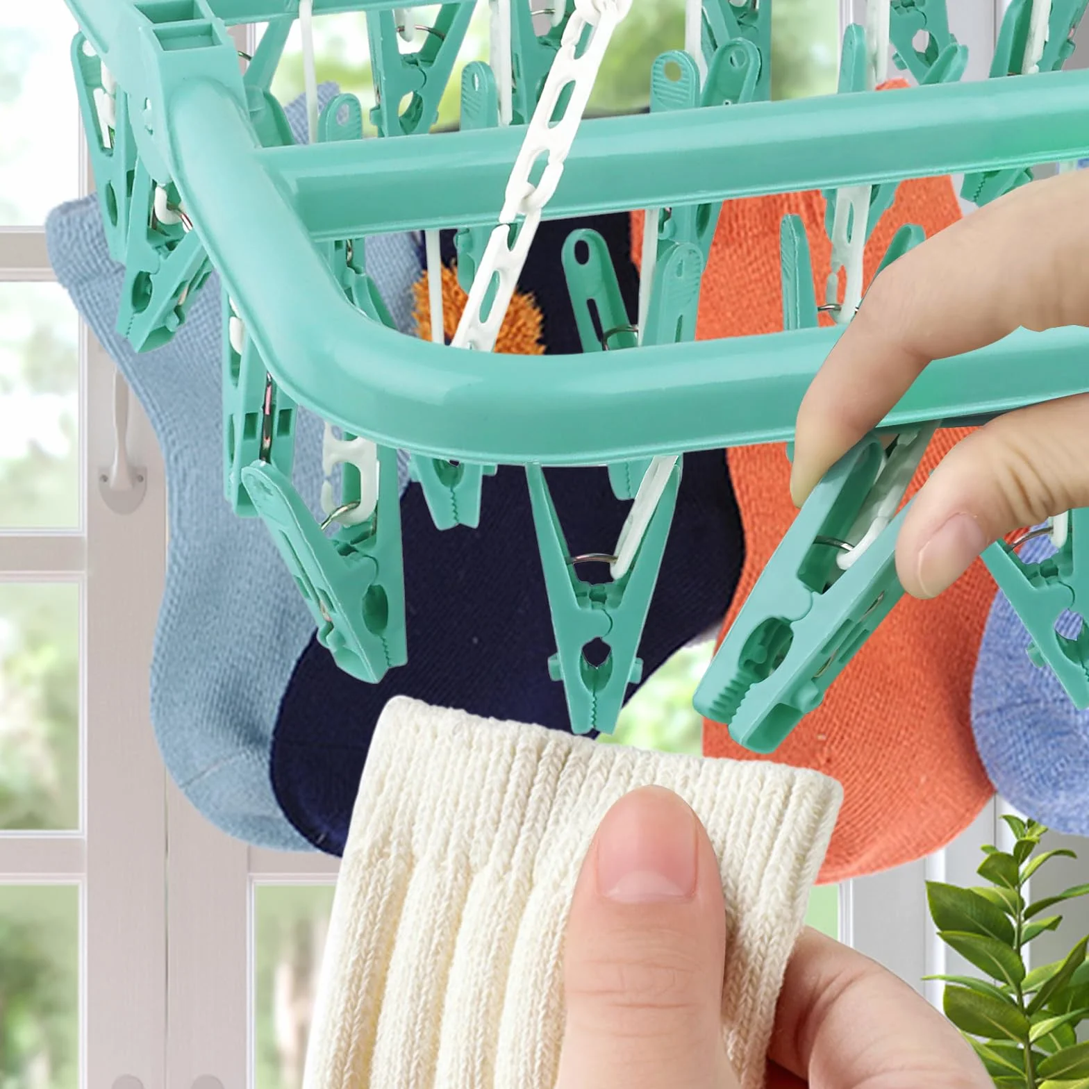 LWMTT Percha de Calcetines, Percha de lavandería con 32 Clips Plegable para Ropa Interior, Calcetines, Sujetador, Cortavientos, Plegable Estante de Secado de Ropa (Verde)