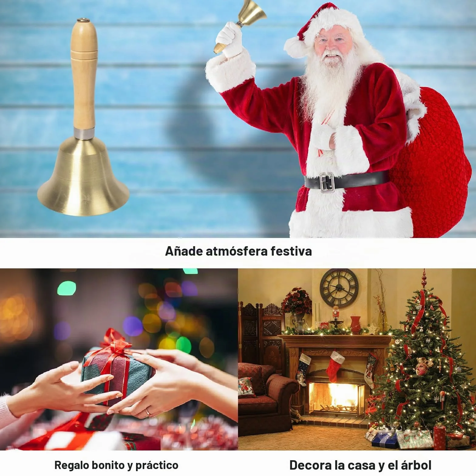 15cm Campana de Mano con Mango, Campana de Mano de latón, Campanillas de Metal, Campana de Llamada de Mano Grande, Campanas de Mano de Papá Noel para el hogar, Fiesta, decoración