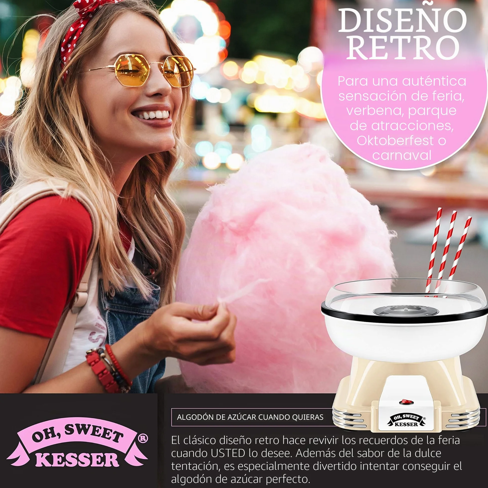 KESSER® Juego de máquina de algodón de azúcar para tu hogar – con 30 Varillas de algodón de azúcar y cucharas medidoras – Máquina de algodón Retro – Máquina de algodón de azúcar con Accesorios
