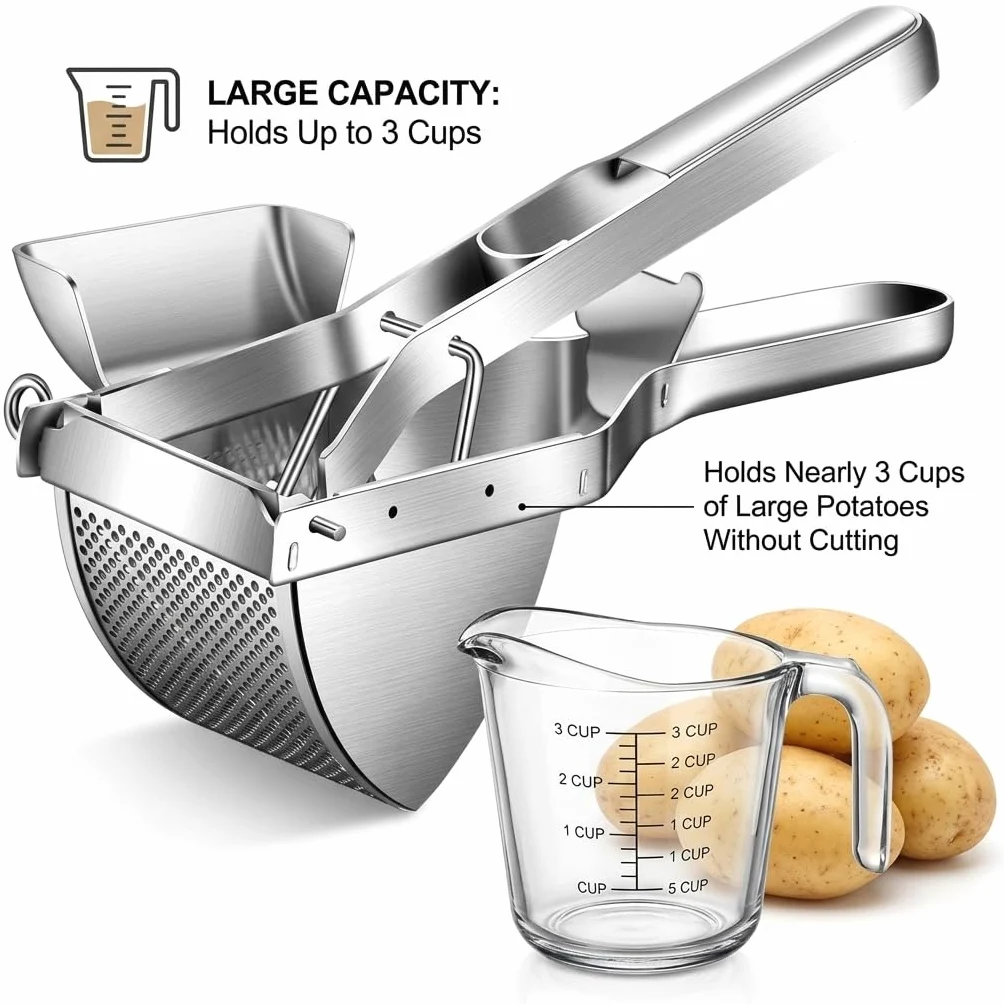 Prensador de patatas de acero inoxidable con raspador de masa, exprimidor para puré de papas, triturador profesional, herramienta de cocina, prensa de frutas, triturador de alimentos para bebés,