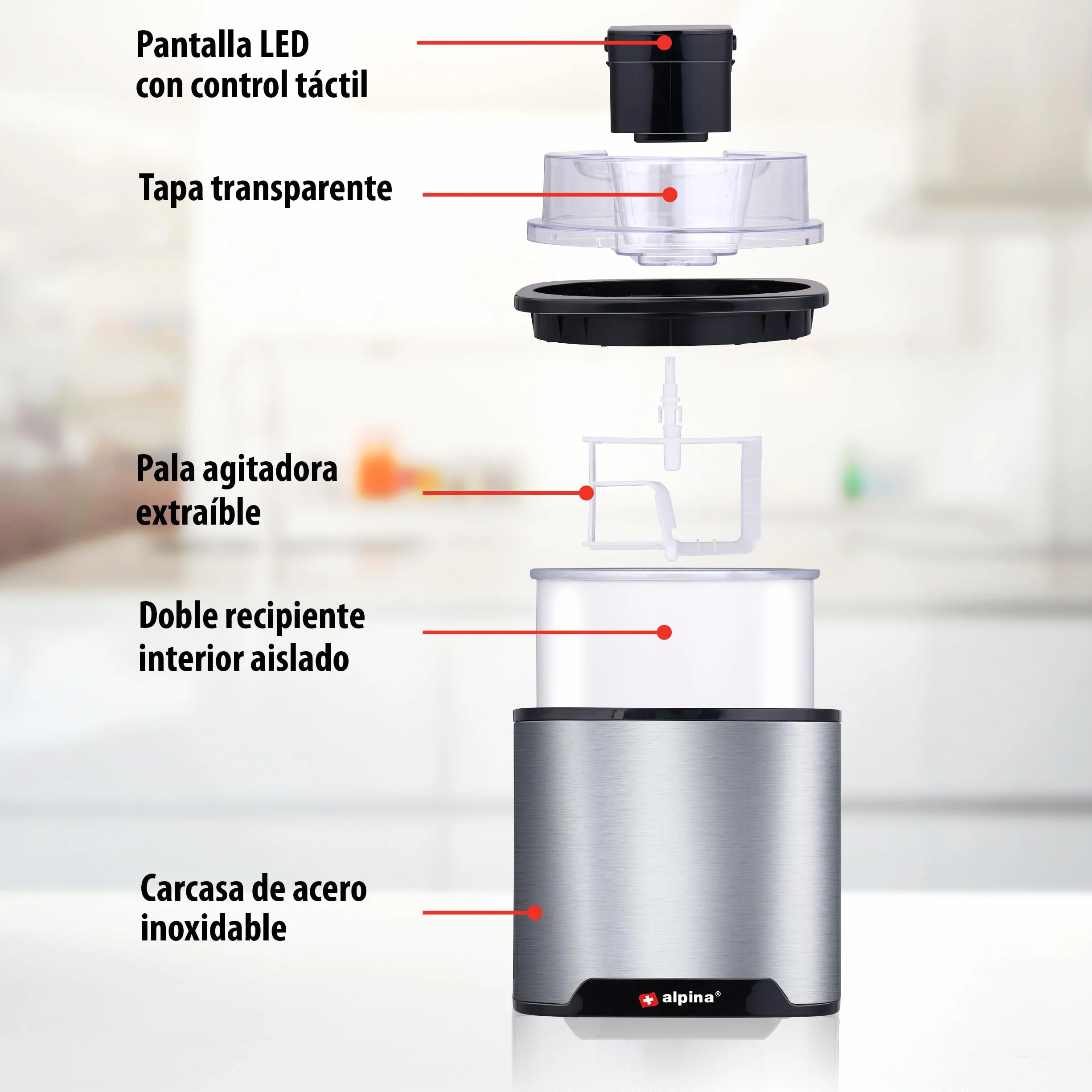 alpina Heladera - Maquina de Helados 2L - Heladeras hacer Helados, Yogur helado et Sorbetes - Doblemente Aislado - Acero inoxidable - Plata