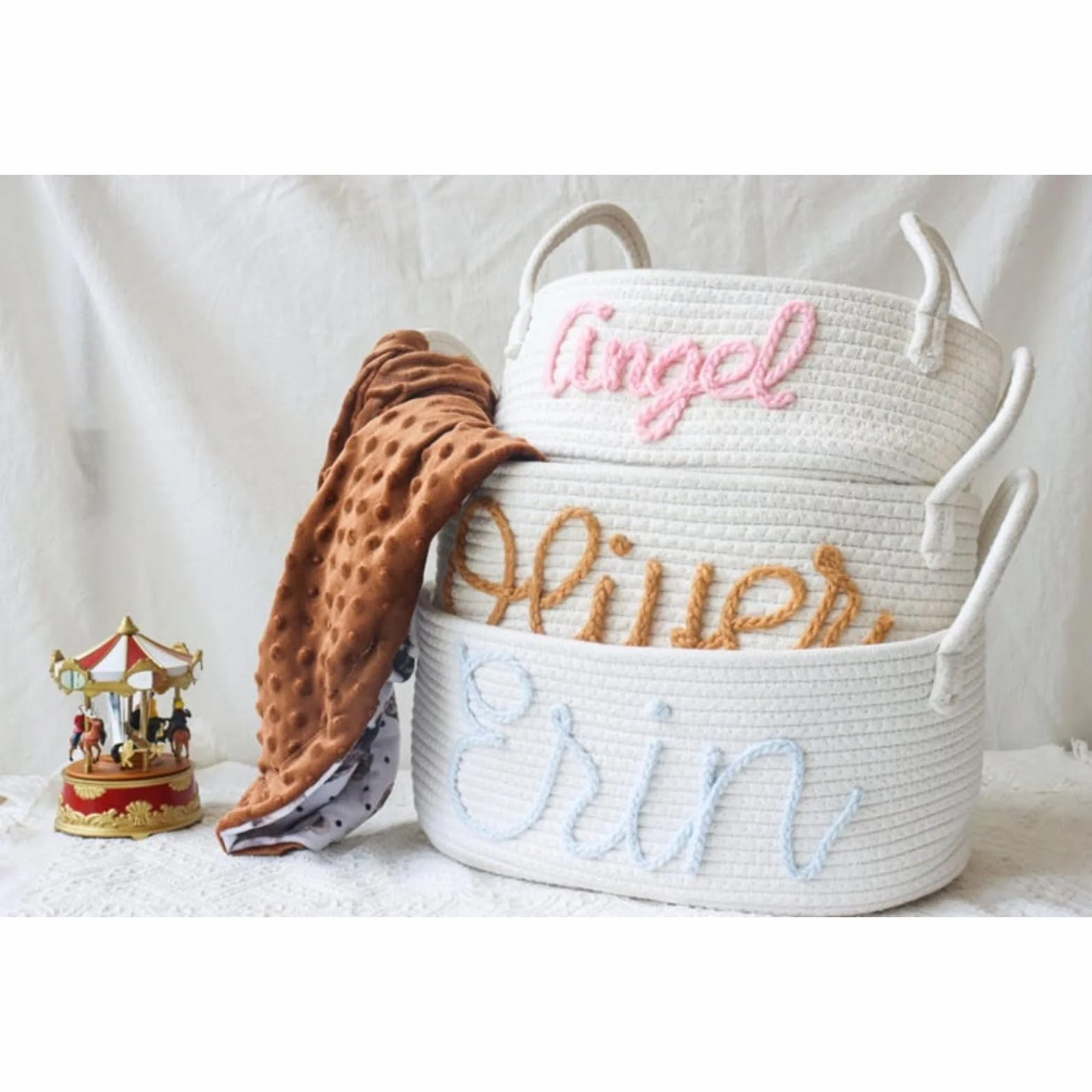 Cesta de almacenamiento personalizada cuerda algodón nombre bebé niño 40x24x15 cm