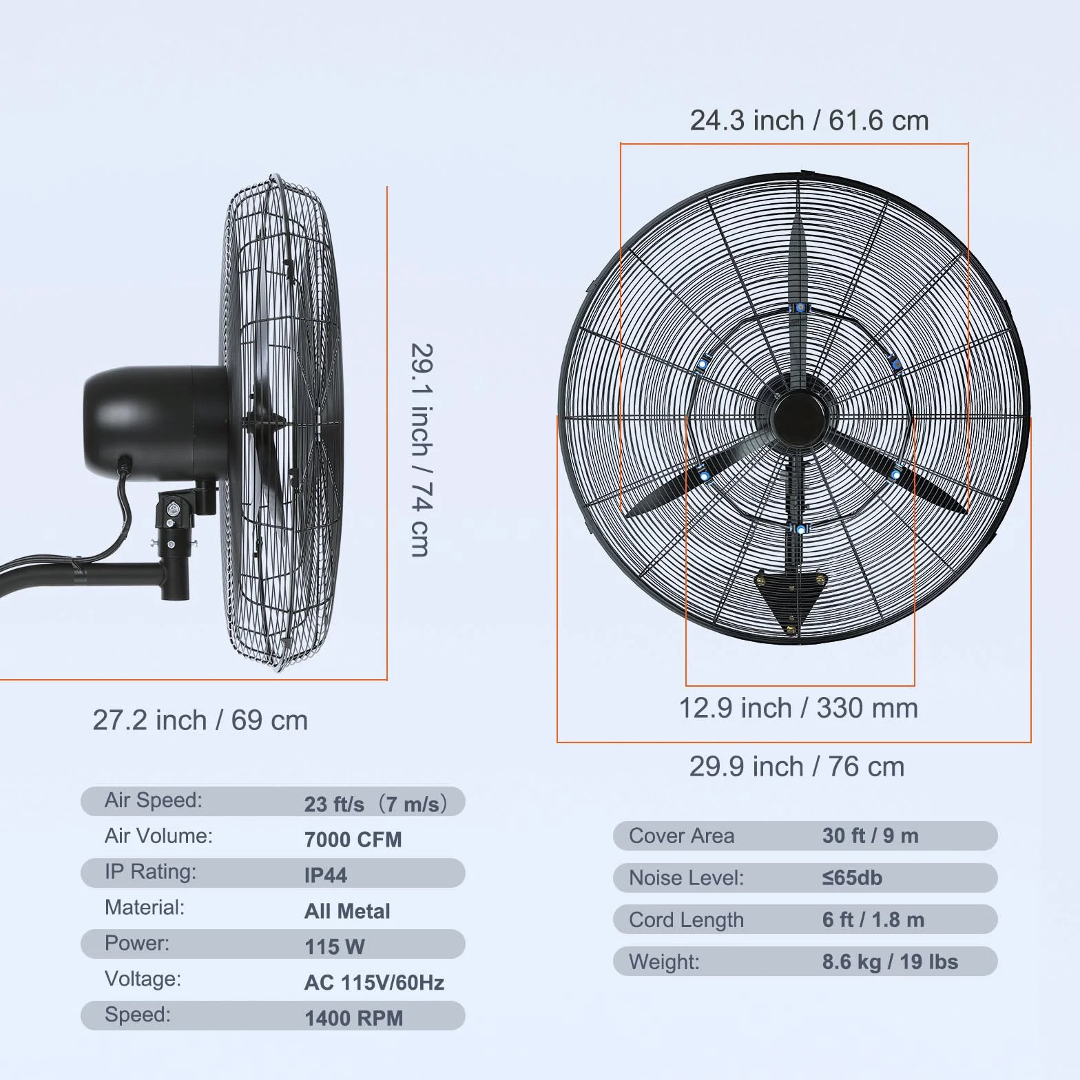 VEVOR Ventilador Nebulizador de Montaje en Pared, 61,6 cm, 3 Velocidades de Alta Velocidad Máx. 7000 CFM, Ventilador de Pared Industrial Oscilante a Prueba de Agua, Comercial o Residencial, Negro