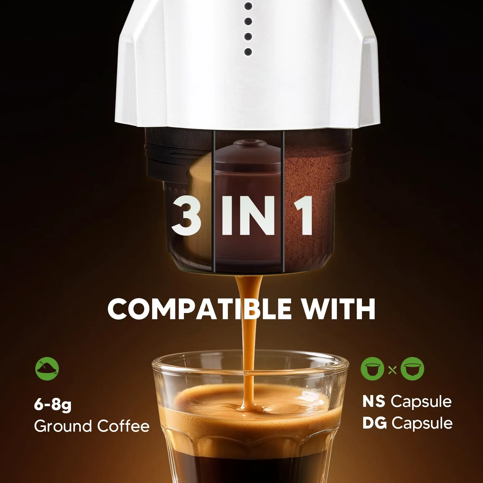 Cafetera expreso portátil 3 en 1 para llevar, cafetera expreso eléctrica autocalentable, mini cafetera para viajes, camping/senderismo, para café molido y cápsulas NS/DG, color blanco