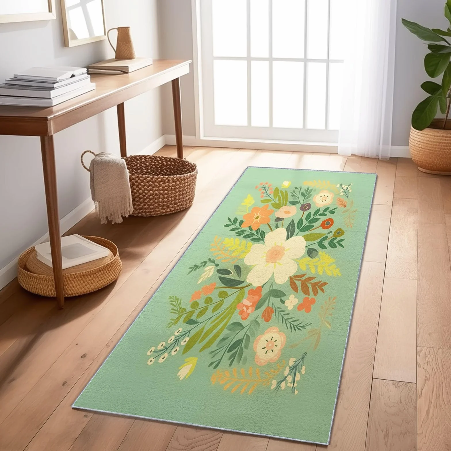 Alfombra para Sala de Estar 80 x 150 cm – Retro Natural a Base de Plantas Alfombra para Dormitorio Lavable a Máquina, Suave y Antideslizante Esponjosa para Habitación Infantil Verde