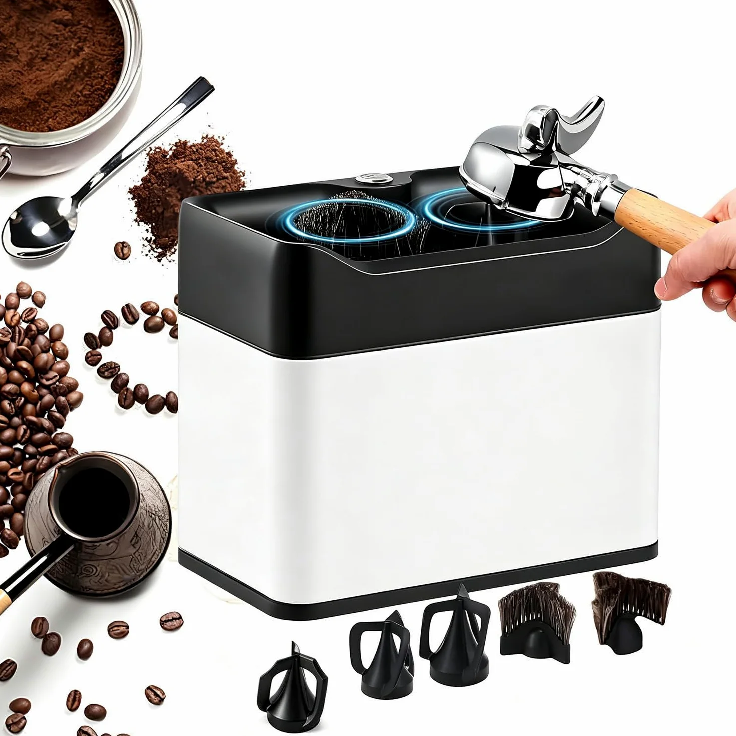 Limpiador eléctrico de portafiltros, máquina automática de Limpieza de portafiltros con 3 raspadores y 2 Cabezales de Cepillo, contenedor de Gran Capacidad (3 l) para residuos de café; White