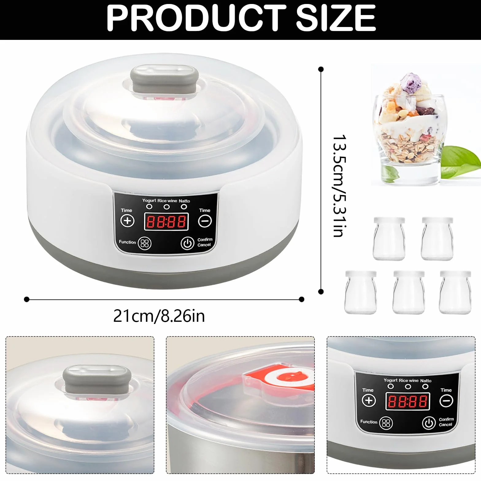 Aisny Yogurtera, Máquina de Yogur con Tazón de Yogur de Acero Inoxidable y 5 Tazas de Yogur 220V 15W Yogurtera Yogur Griego Casero para Hacer Yogur Orgánico Endulzado o Sin Azúcar