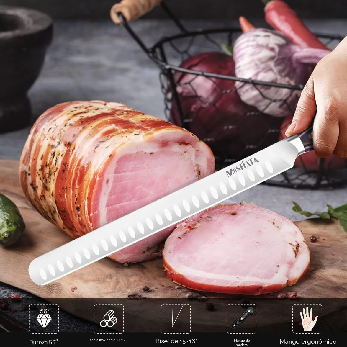 MOSFiATA Cuchillo Jamonero Profesional, Hoja Flexible y alveolada de Acero Inoxidable Forjado 300 mm, Mango Madera