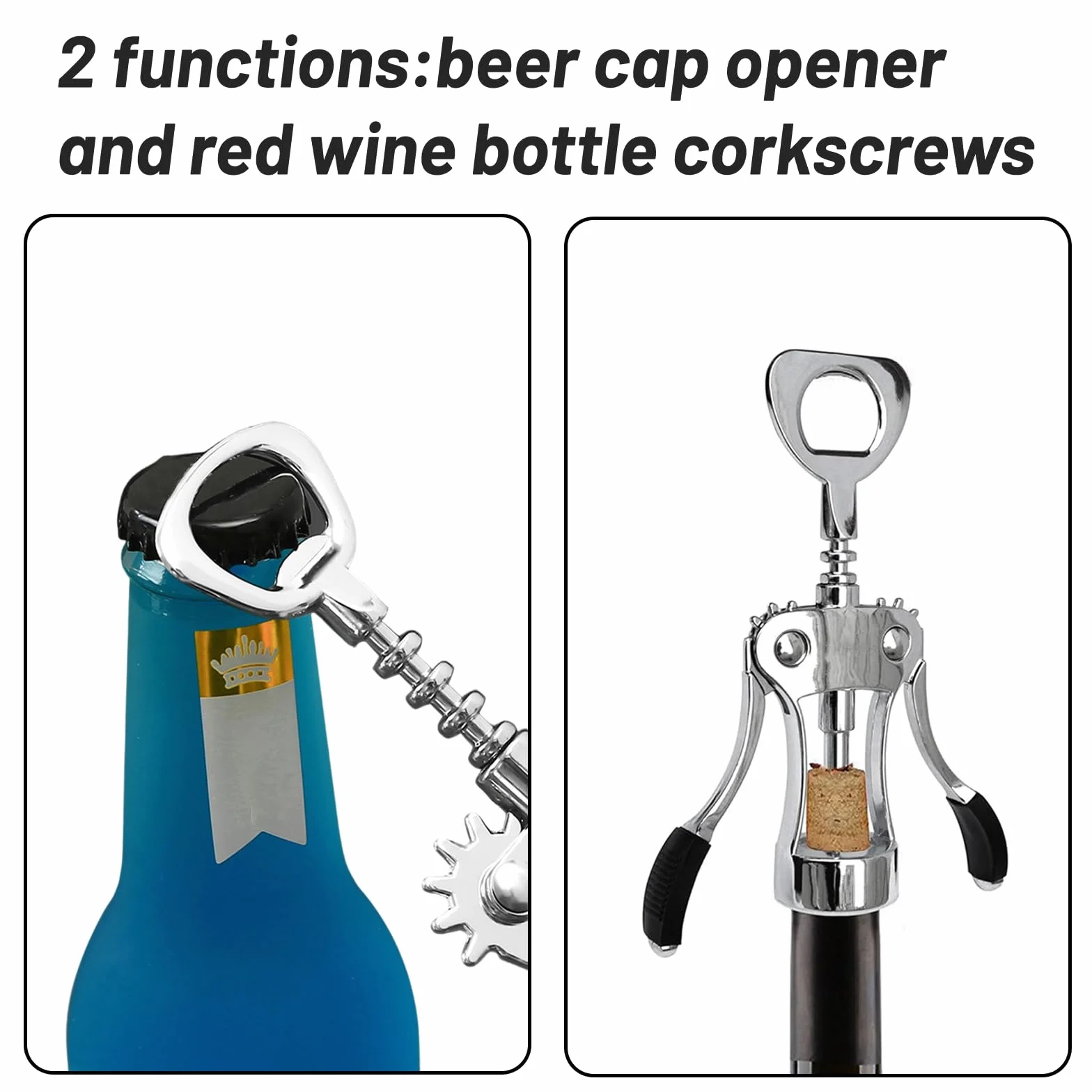 Abridor de botellas 2 en 1, sacacorchos de ala para vino tinto, sacacorchos de metal para cocina, restaurante, castillo y bares