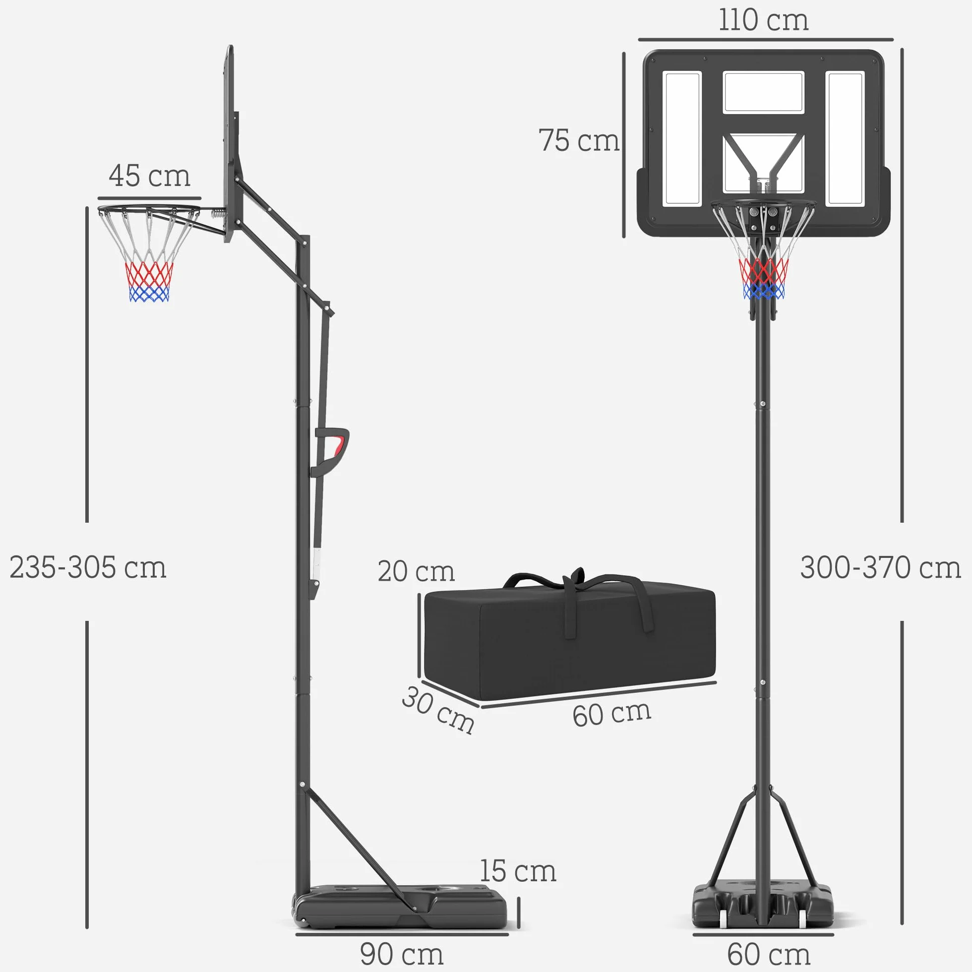 SPORTNOW Canasta de Baloncesto Exteriores Interiores Altura Regulable 235-305 cm Portátil con Base Rellenable Ruedas Negra