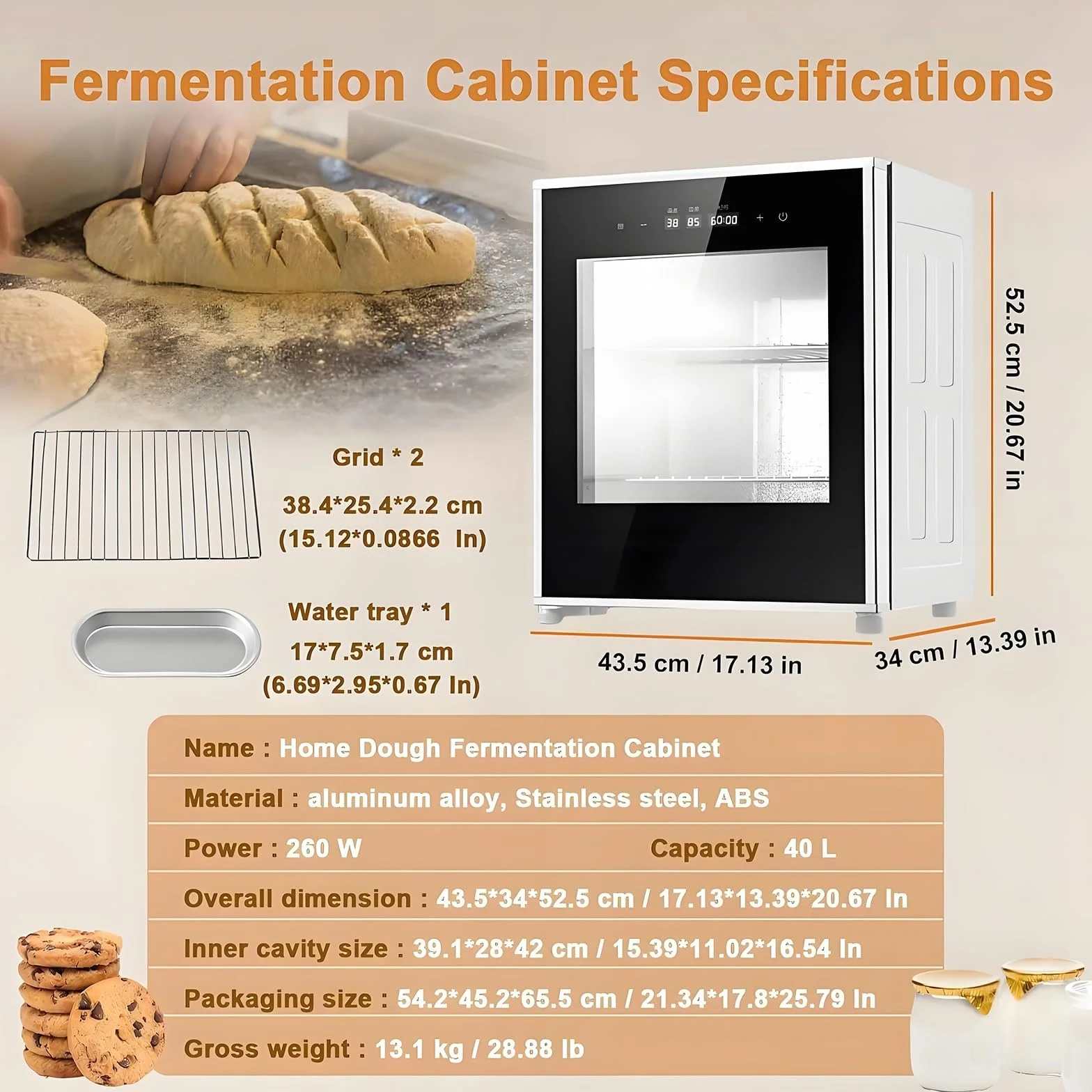 Fermentadora eléctrica de Masa de 40 L, para Cocina, Yogur, Pan y fermentación (20-50 °C) con Control de Humedad y Temperatura, de Alta eficiencia para Uso doméstico