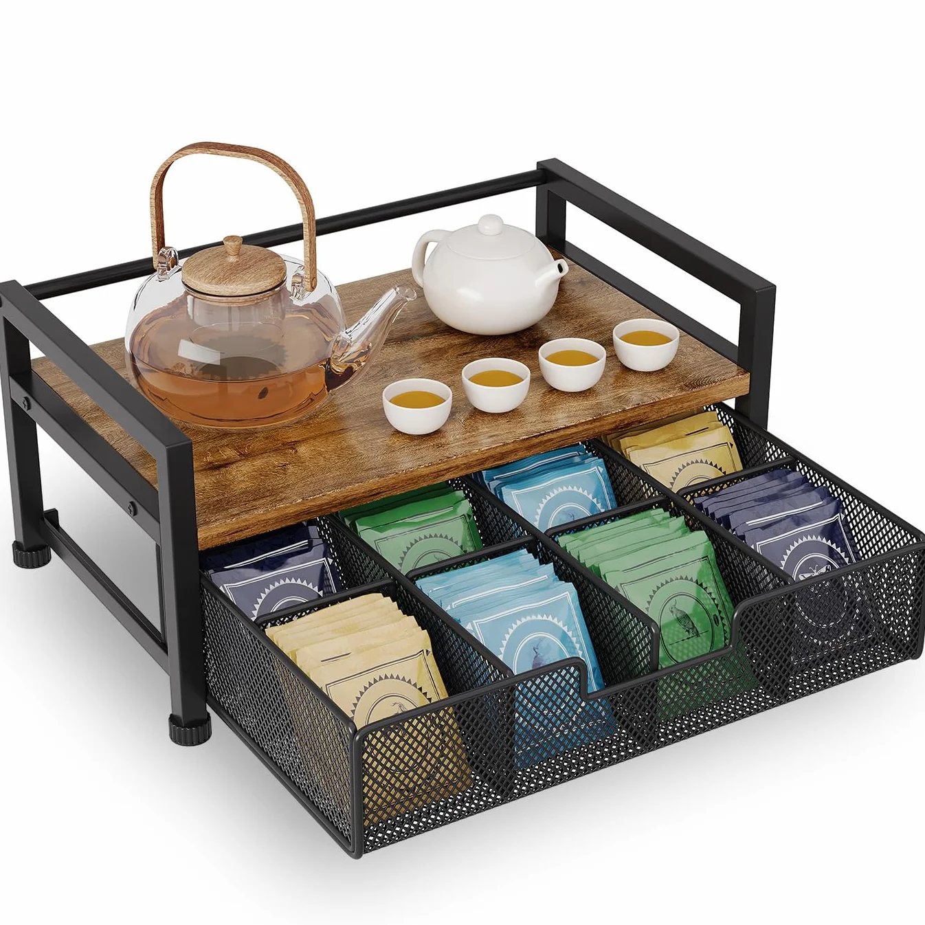Soporte Metálico para Bolsitas de Té con 8 Compartimentos,Caja Te Organizador de Infusiones con Cajón,Negro