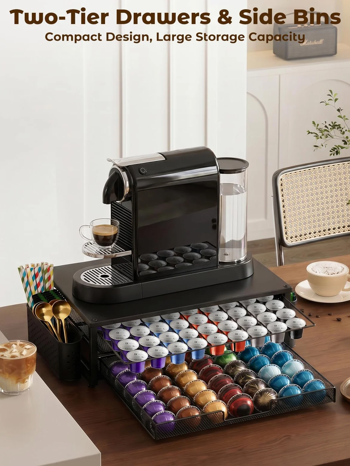 Weenkler Soporte para cápsulas de café con cajón de almacenamiento de 2 niveles – Estación de café compatible con cápsulas y máquinas Nespresso – 39,5 x 25,5 x 16,5 cm