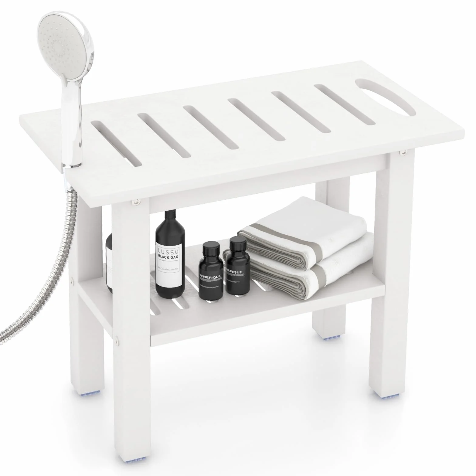 COSTWAY Taburete de Ducha, Banco de Ducha Impermeable de Baño con Estante de Almacenamiento de Madera, Asiento Bañera Adulto para Ducha para Uso en Interiores y Exteriores