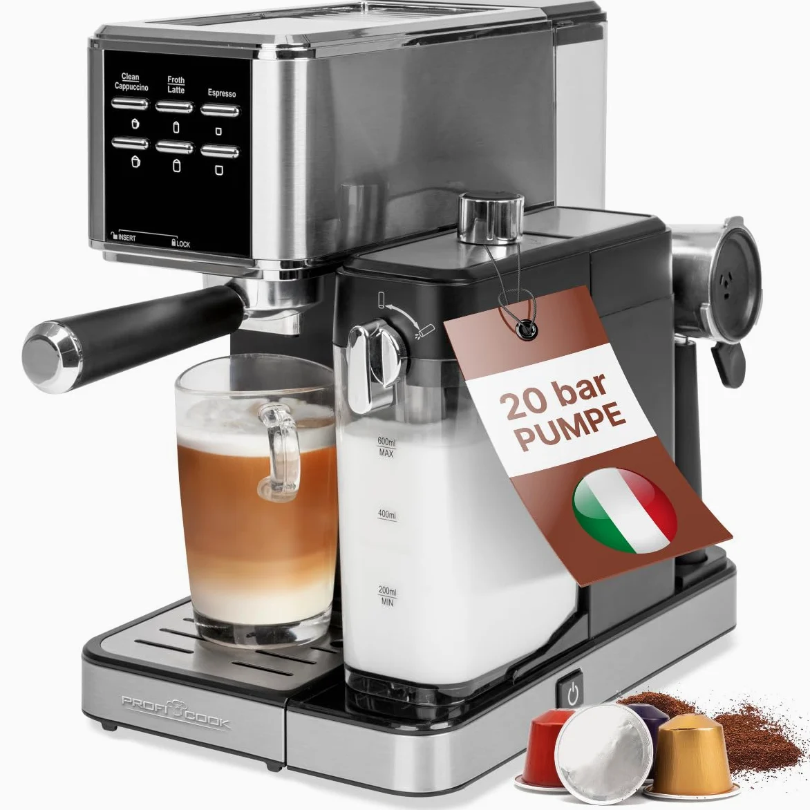 ProfiCook® cafetera espresso 2en1 para café en polvo y cápsulas compatibles Nespresso - máquina portafiltro 20 bar - con sistema de leche para latte y cappuccino- portafiltro para espresso- PC-ES 1266