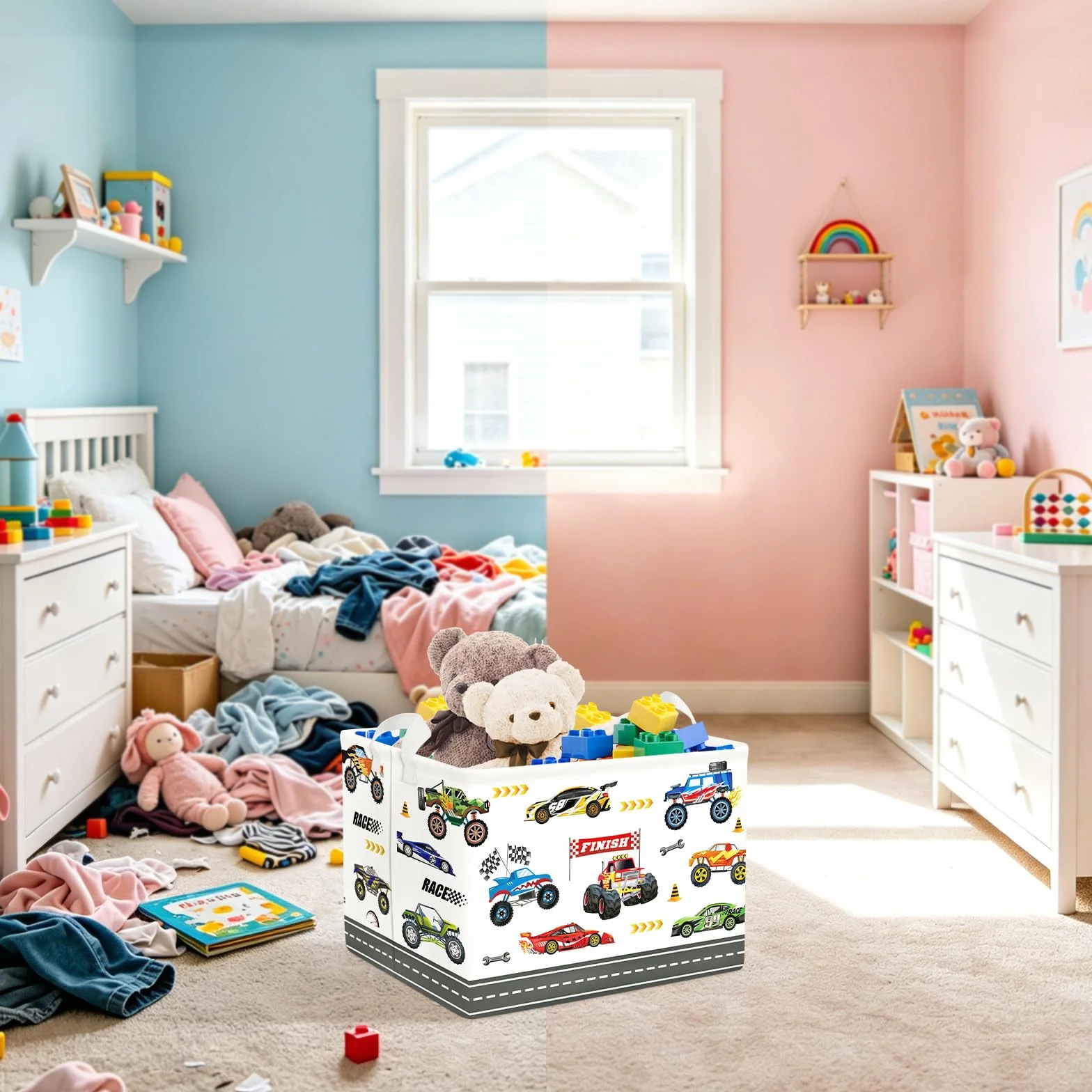 Clastyle Cestos Almacenaje Infantil Coche Cesta Ropa Sucia Plegable para Habitación Infantil Dormitorio Cajas de Almacenaje Juguetes para Chico, Camión Monstruo, 40x30x30 cm