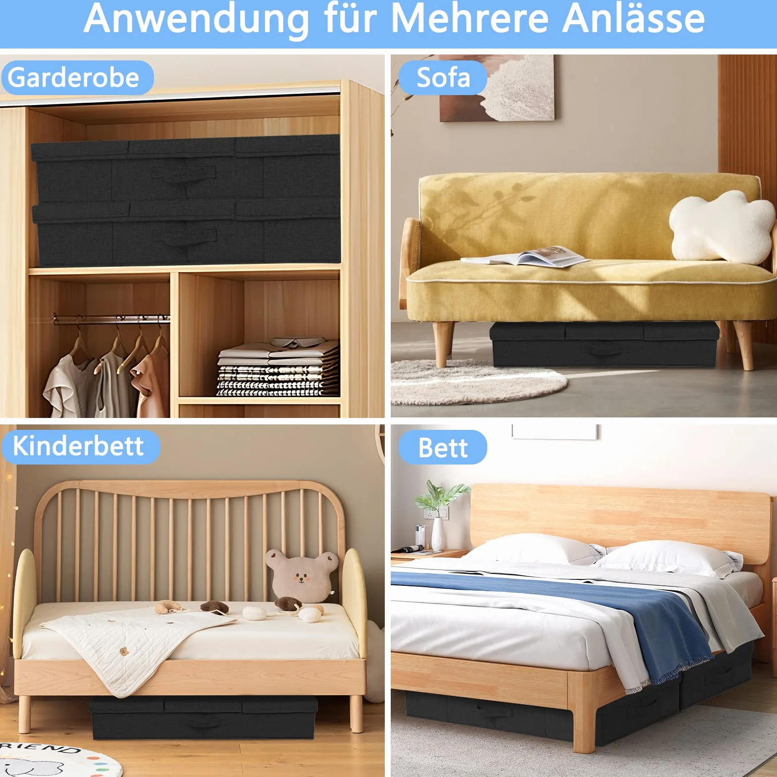JUPELI 2 cajas de almacenamiento plegables debajo de la cama 15 cm negro con tapa y asa